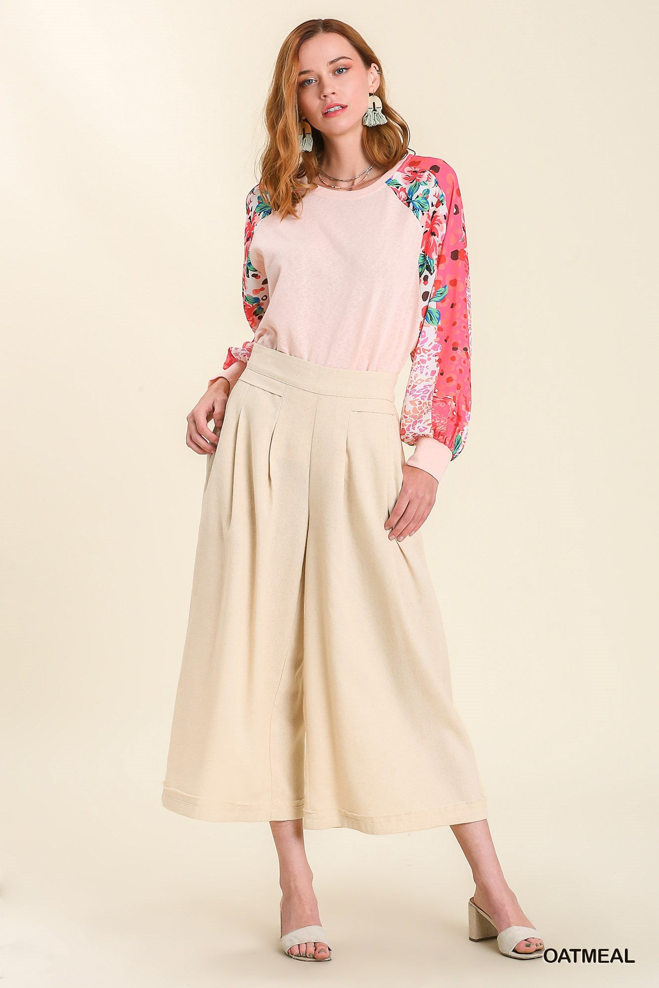 Umgee Pleated Detail Elastic Waist Band Wide Leg Pants