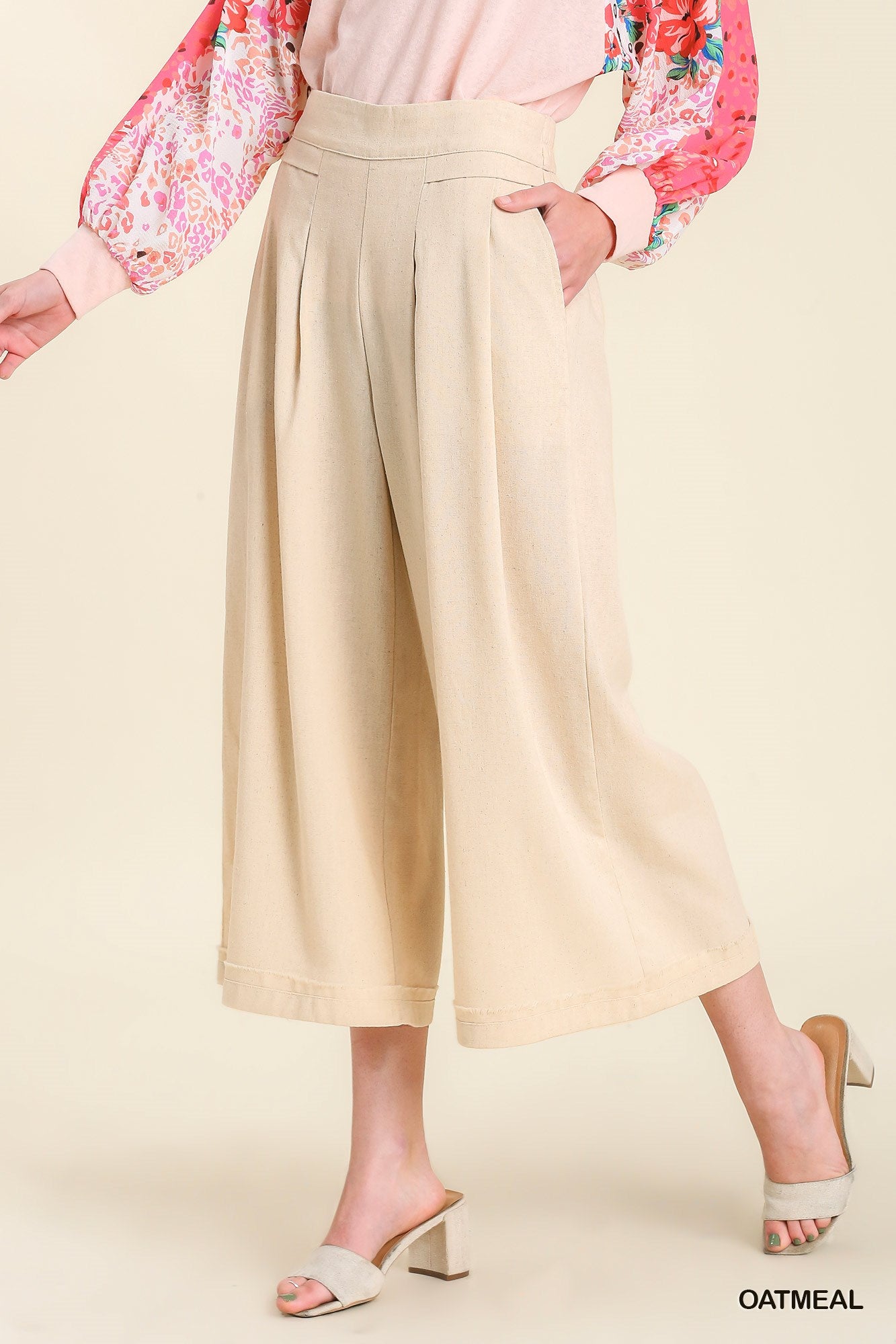 Umgee Pleated Detail Elastic Waist Band Wide Leg Pants