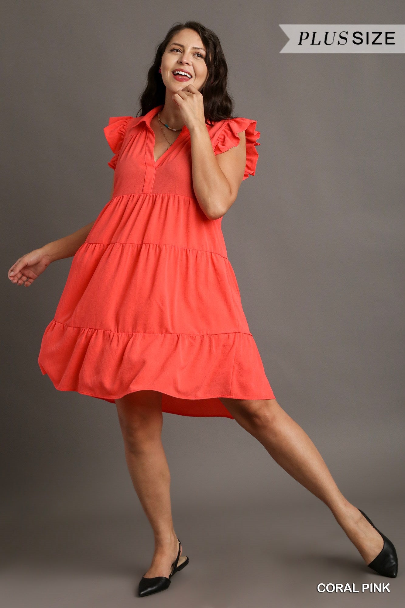 Umgee Plus Tiered Flutter Sleeves Collar No Lining Short Dress
