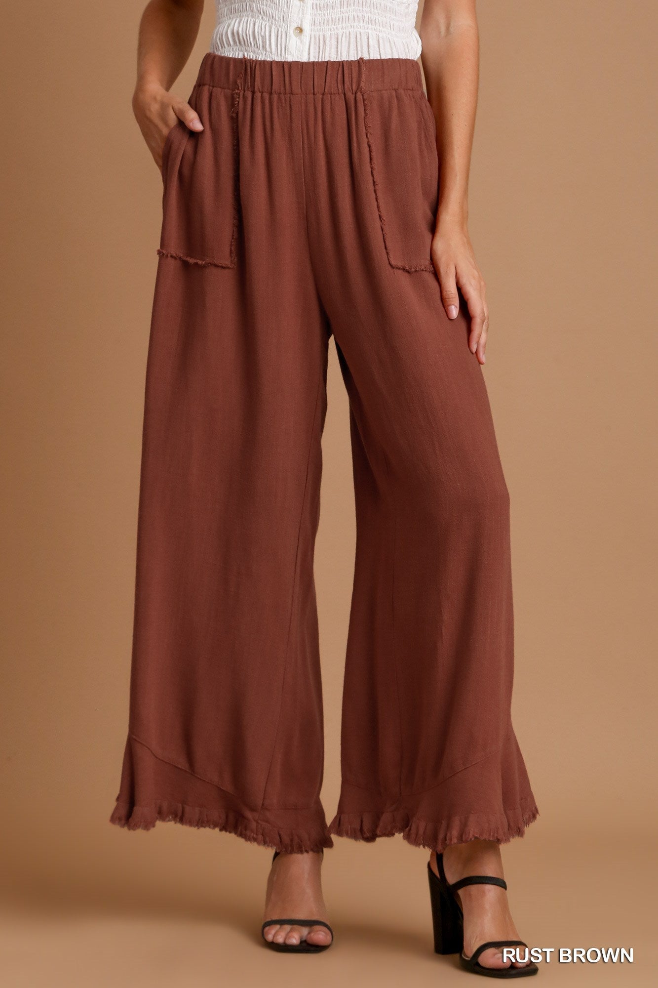 Umgee Linen Blend Elastic Waist Band Wide Frayed Hem Pants
