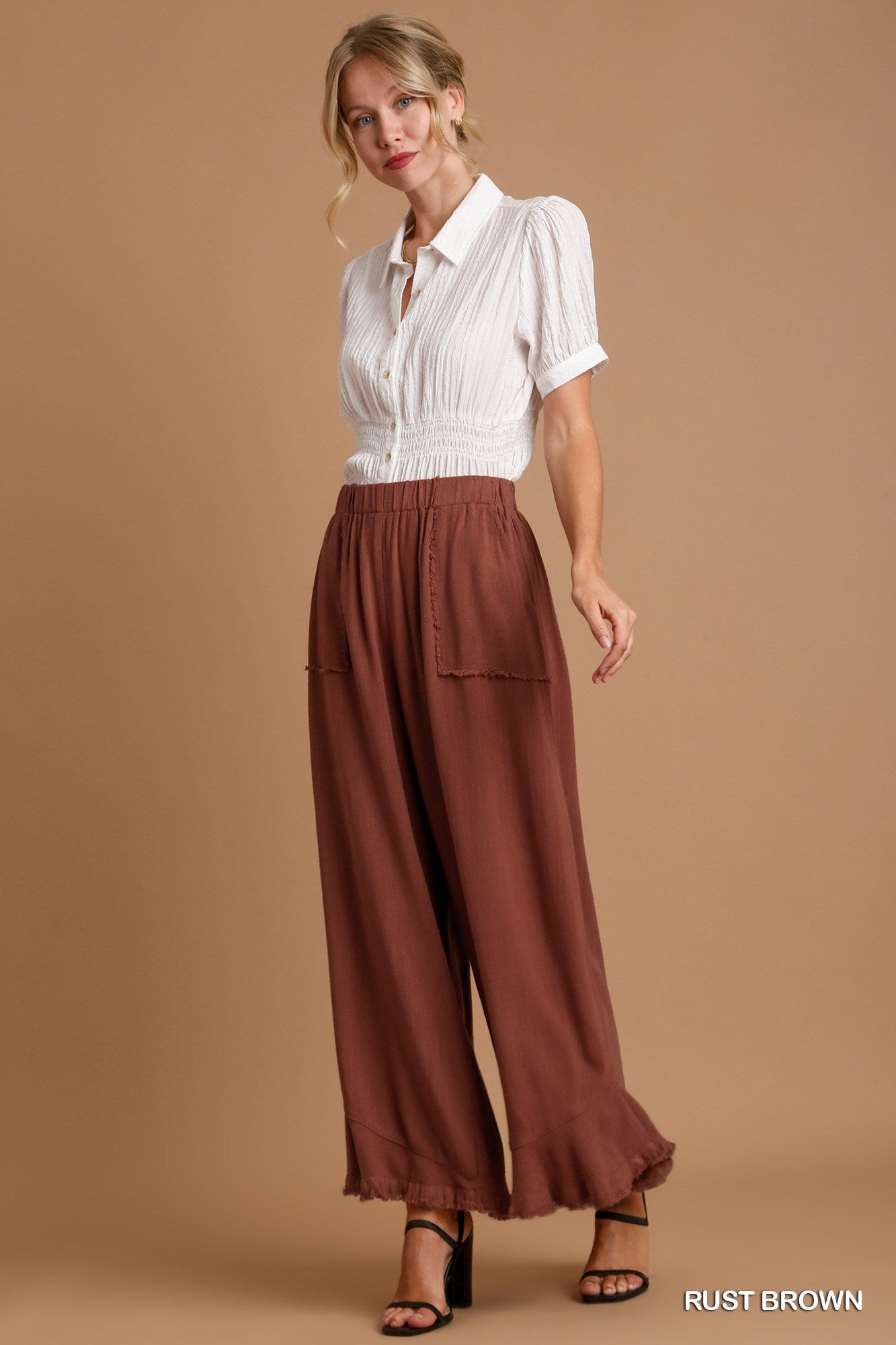 Umgee Linen Blend Elastic Waist Band Wide Frayed Hem Pants