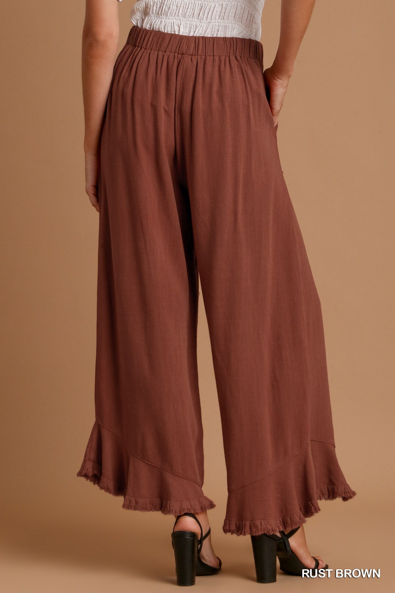 Umgee Linen Blend Elastic Waist Band Wide Frayed Hem Pants