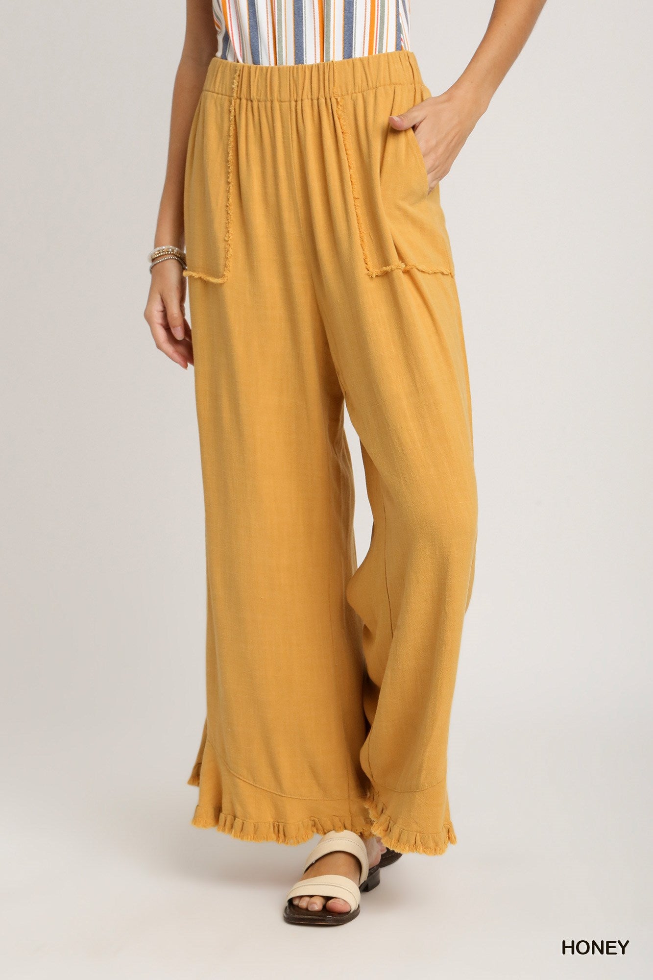 Umgee Linen Blend Elastic Waist Band Wide Frayed Hem Pants