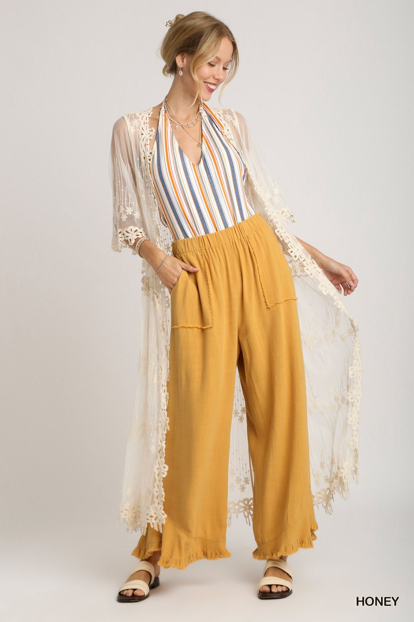 Umgee Linen Blend Elastic Waist Band Wide Frayed Hem Pants