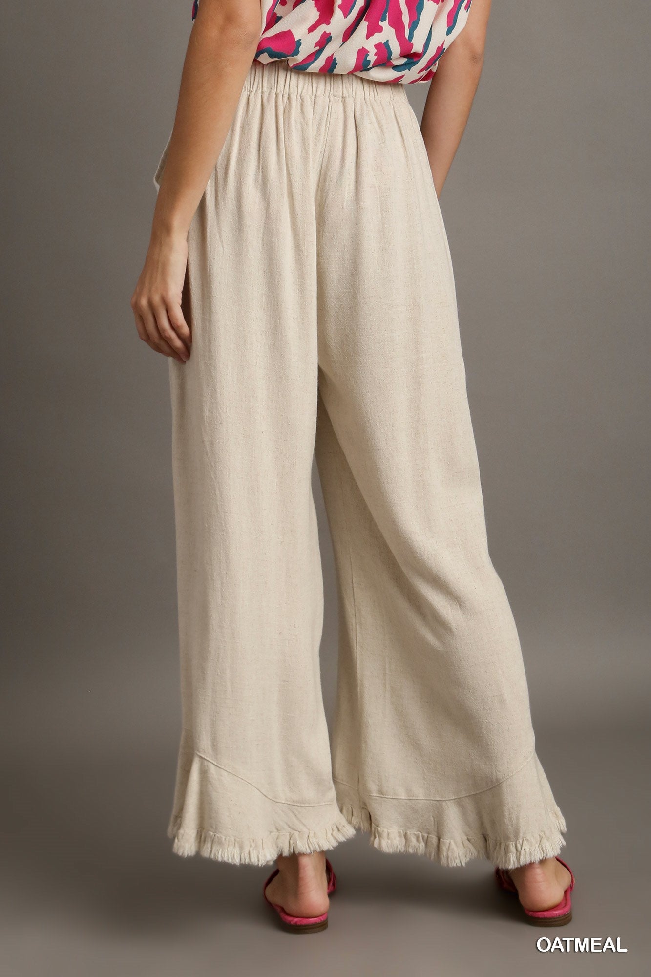 Umgee Linen Blend Elastic Waist Band Wide Frayed Hem Pants