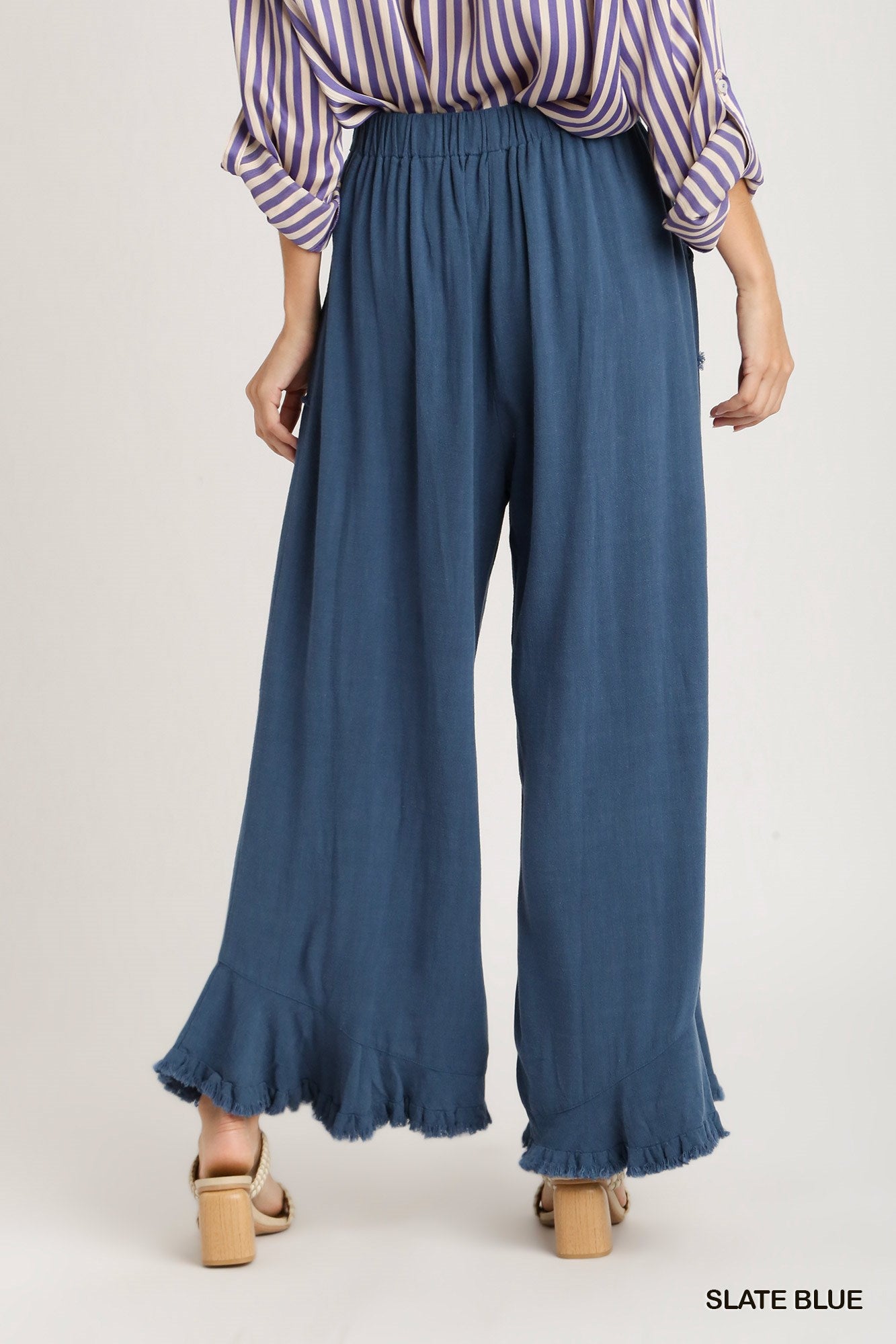 Umgee Linen Blend Elastic Waist Band Wide Frayed Hem Pants