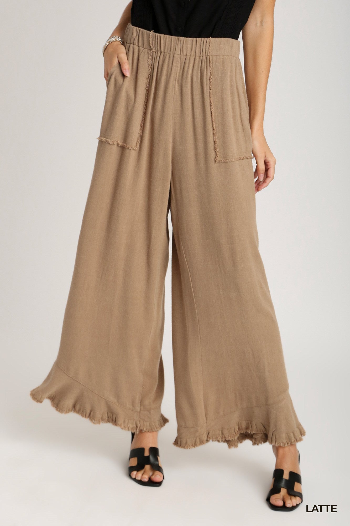 Umgee Linen Blend Elastic Waist Band Wide Frayed Hem Pants