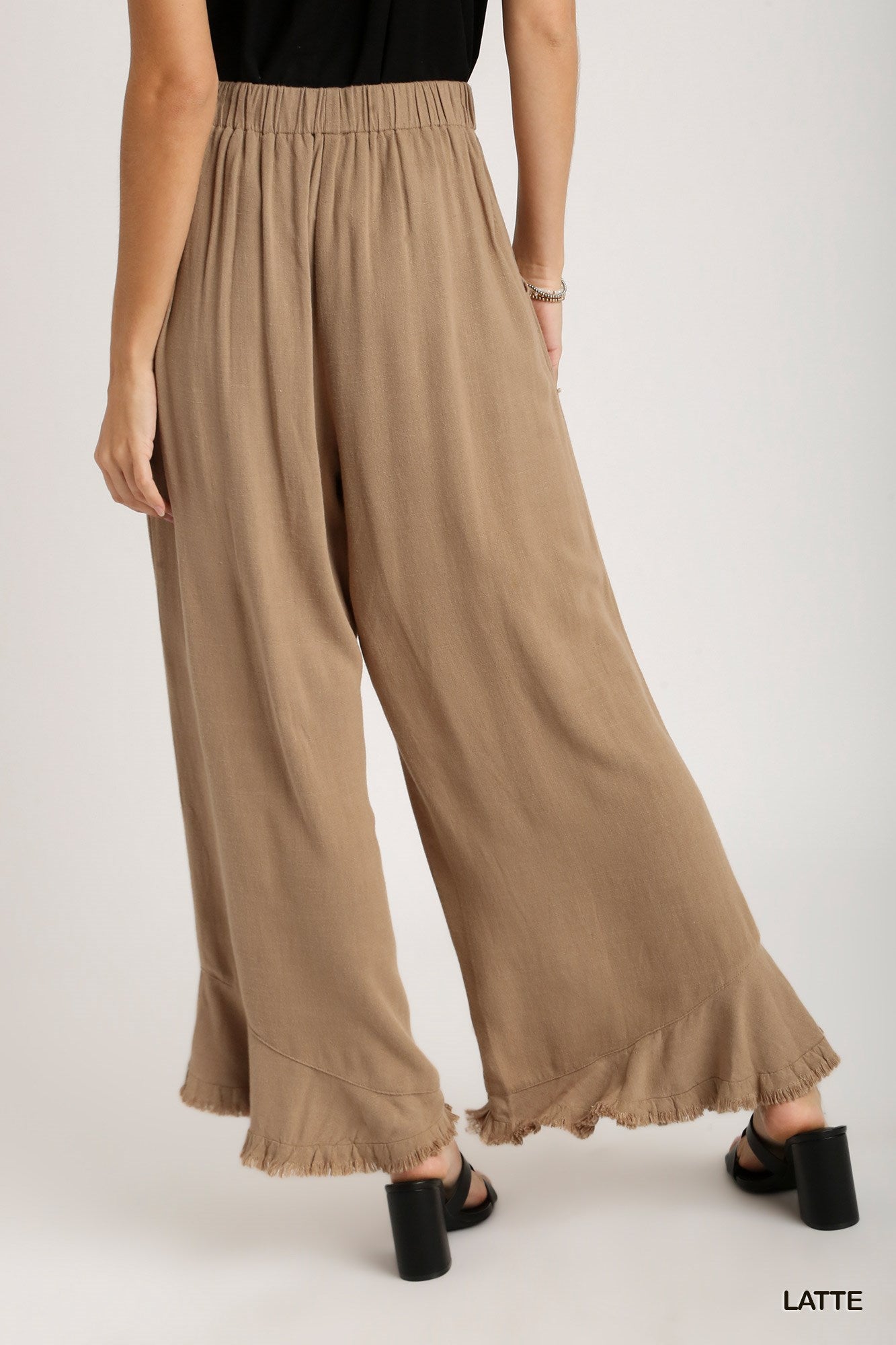Umgee Linen Blend Elastic Waist Band Wide Frayed Hem Pants