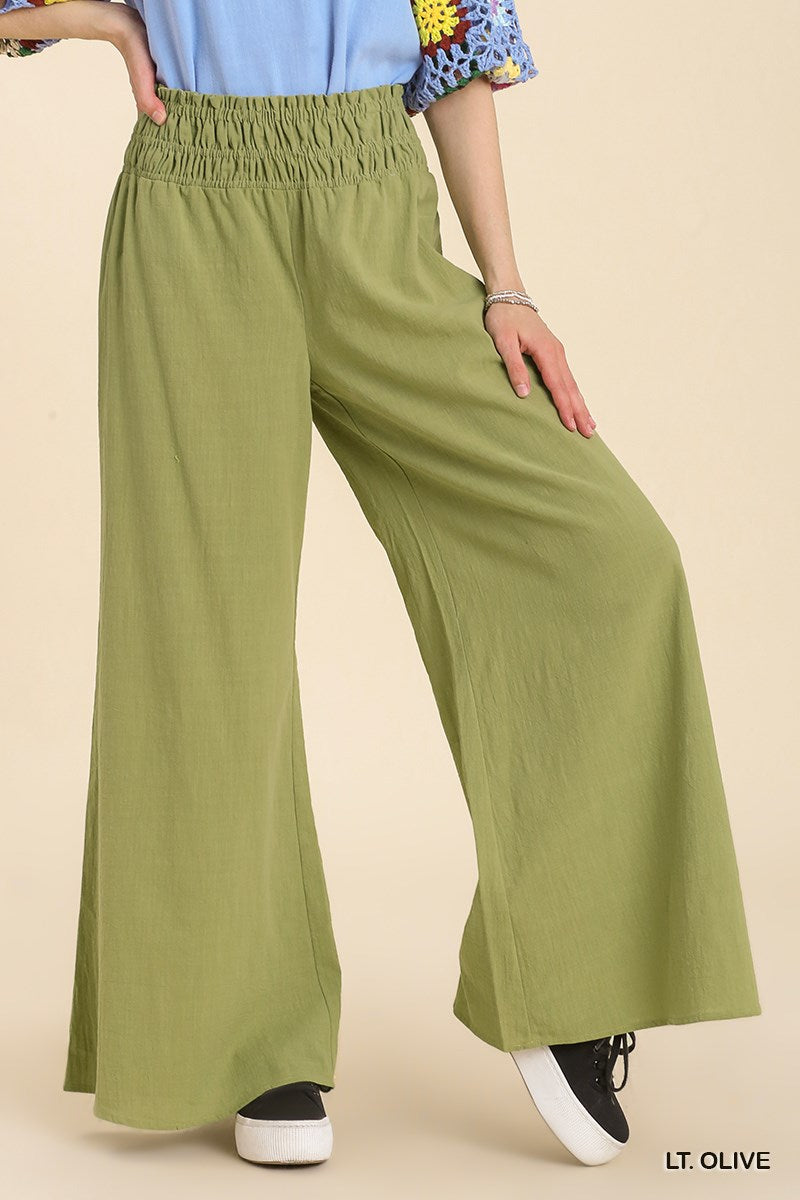 Umgee Linen Blend Smocked Waistband Wide No Lining Pants
