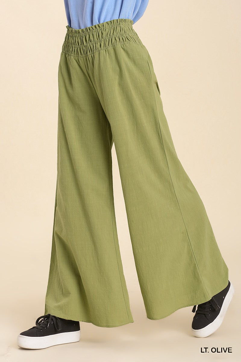 Umgee Linen Blend Smocked Waistband Wide No Lining Pants