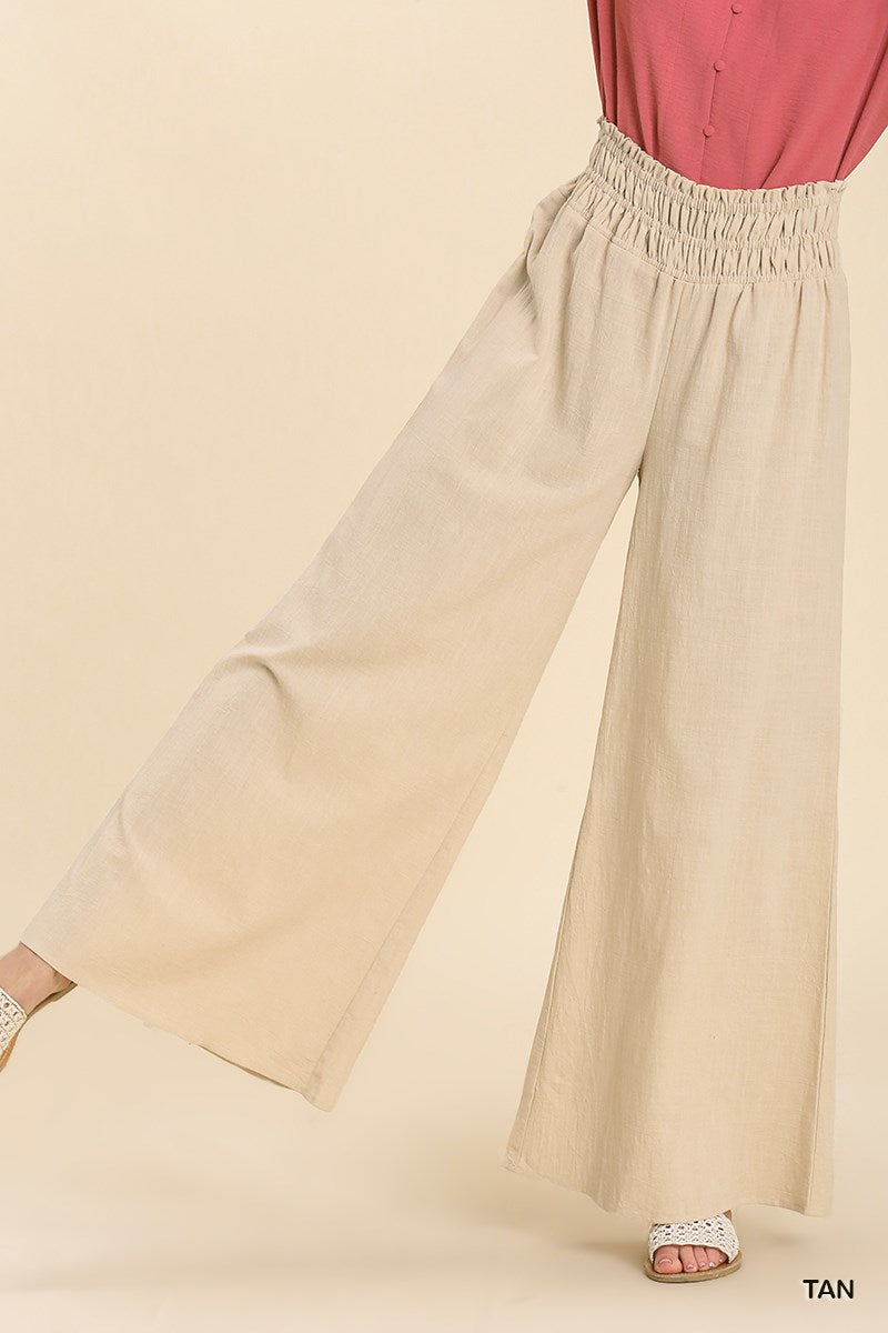 Umgee Linen Blend Smocked Waistband Wide No Lining Pants