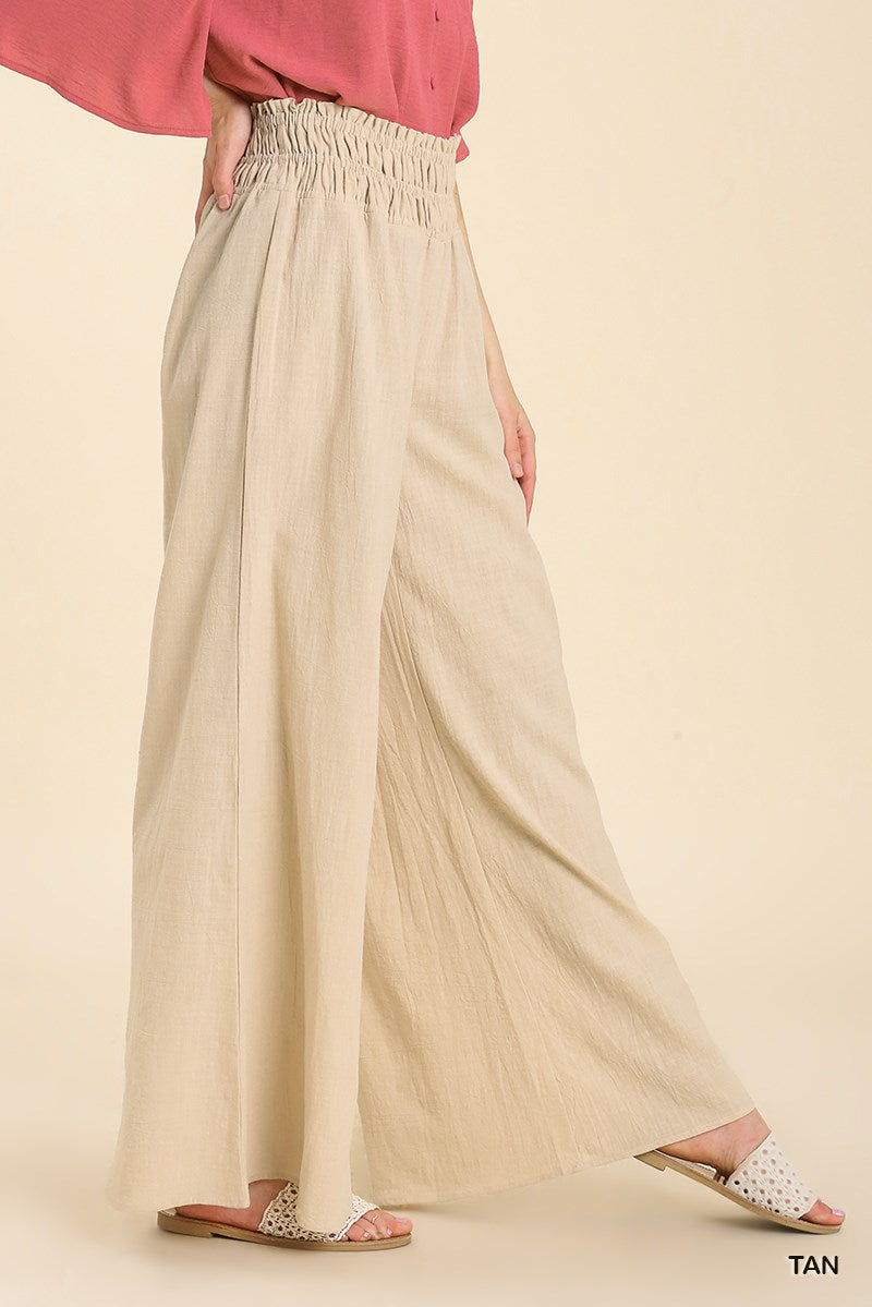 Umgee Linen Blend Smocked Waistband Wide No Lining Pants