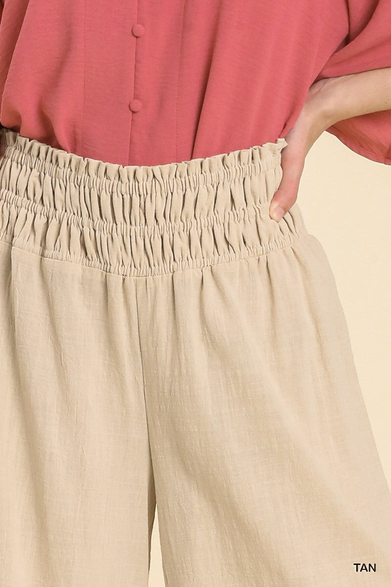 Umgee Linen Blend Smocked Waistband Wide No Lining Pants