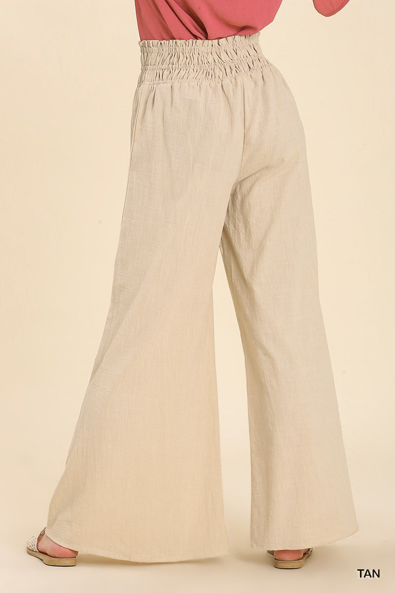 Umgee Linen Blend Smocked Waistband Wide No Lining Pants