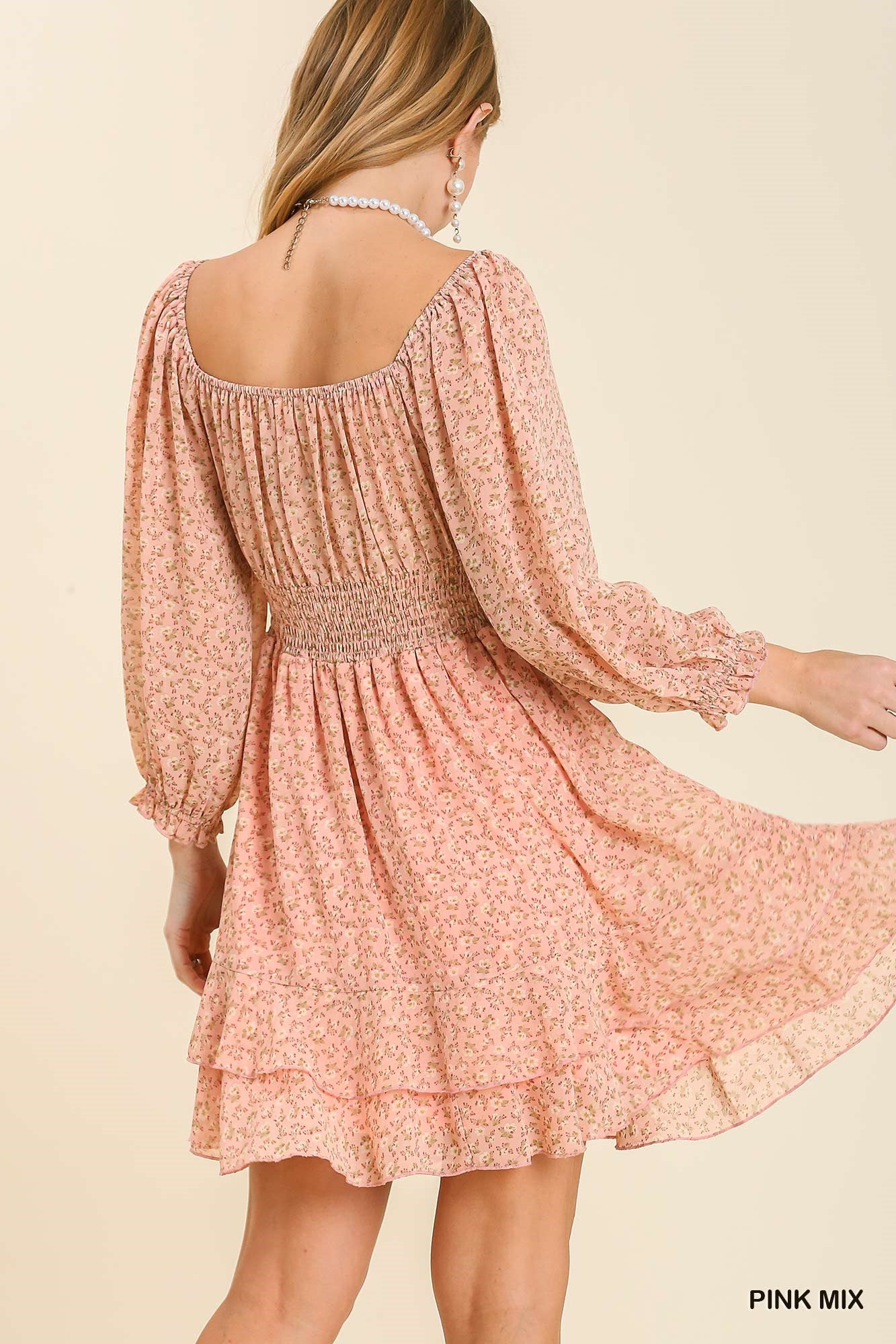 Umgee Mix Floral Print Long Cuffed Sleeve Ruffle Layered Ends Dress - Roulhac Fashion Boutique