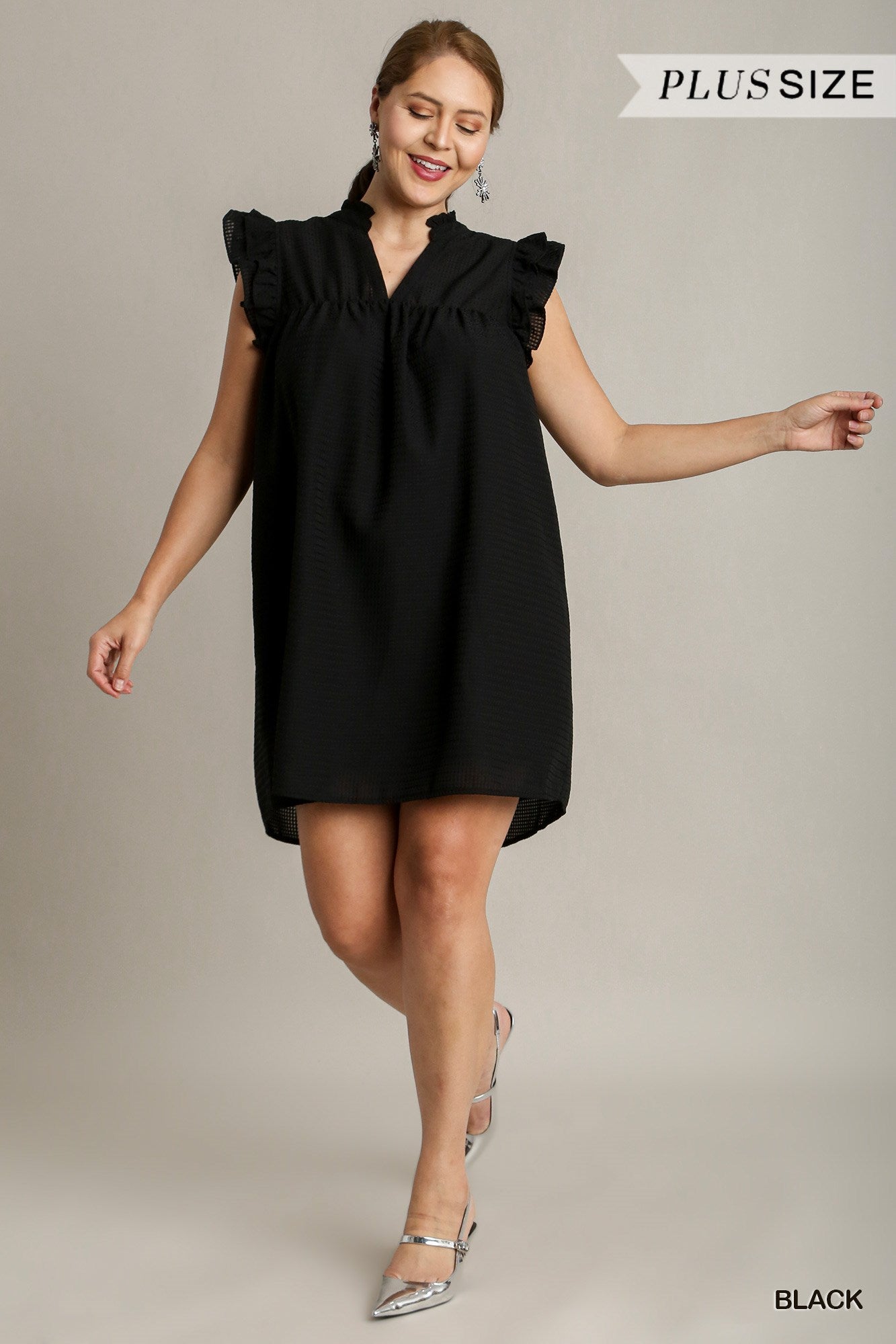 Umgee Plus Layered Ruffle Sleeve Split Neck Ruffle Hem Dress