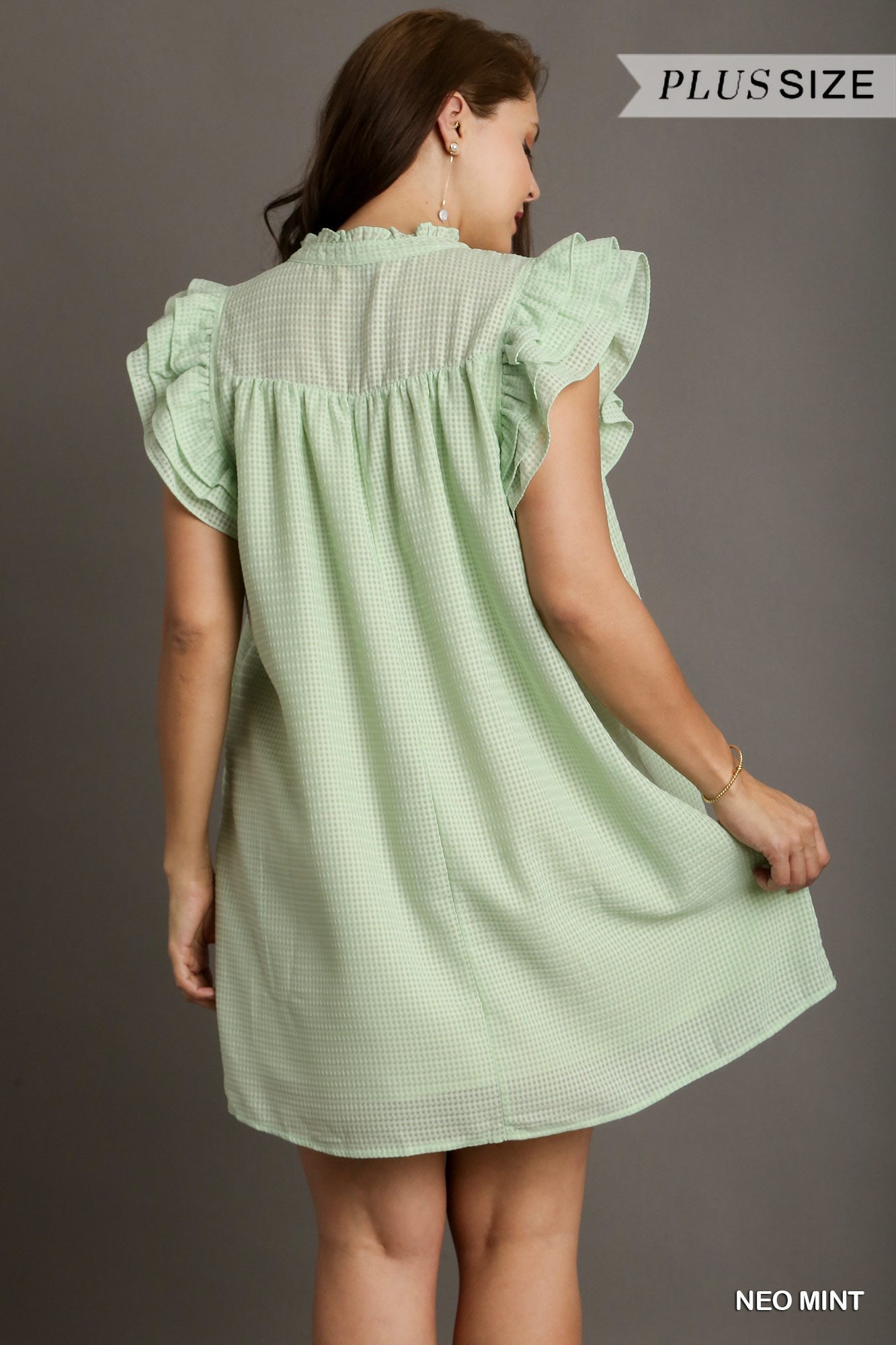 Umgee Plus Layered Ruffle Sleeve Split Neck Ruffle Hem Dress