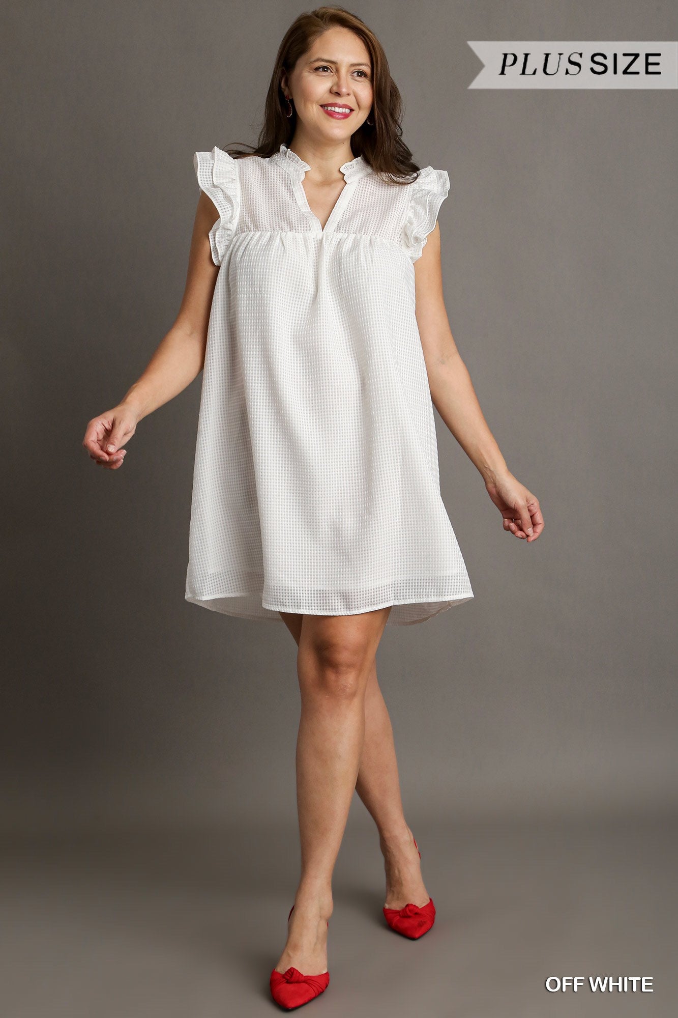Umgee Plus Layered Ruffle Sleeve Split Neck Ruffle Hem Dress