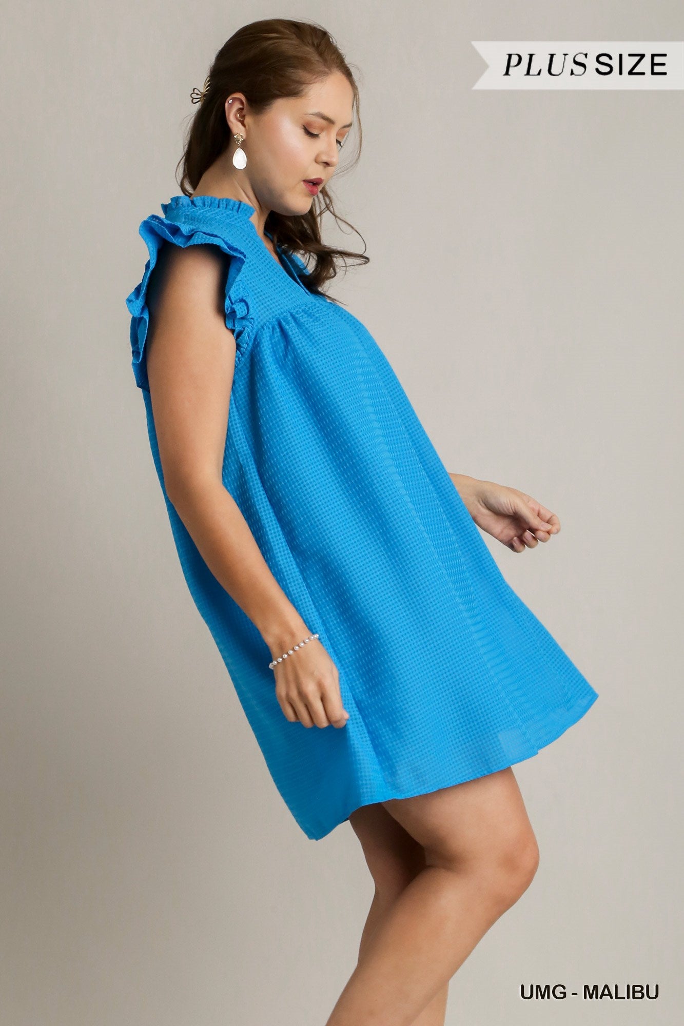 Umgee Plus Layered Ruffle Sleeve Split Neck Ruffle Hem Dress