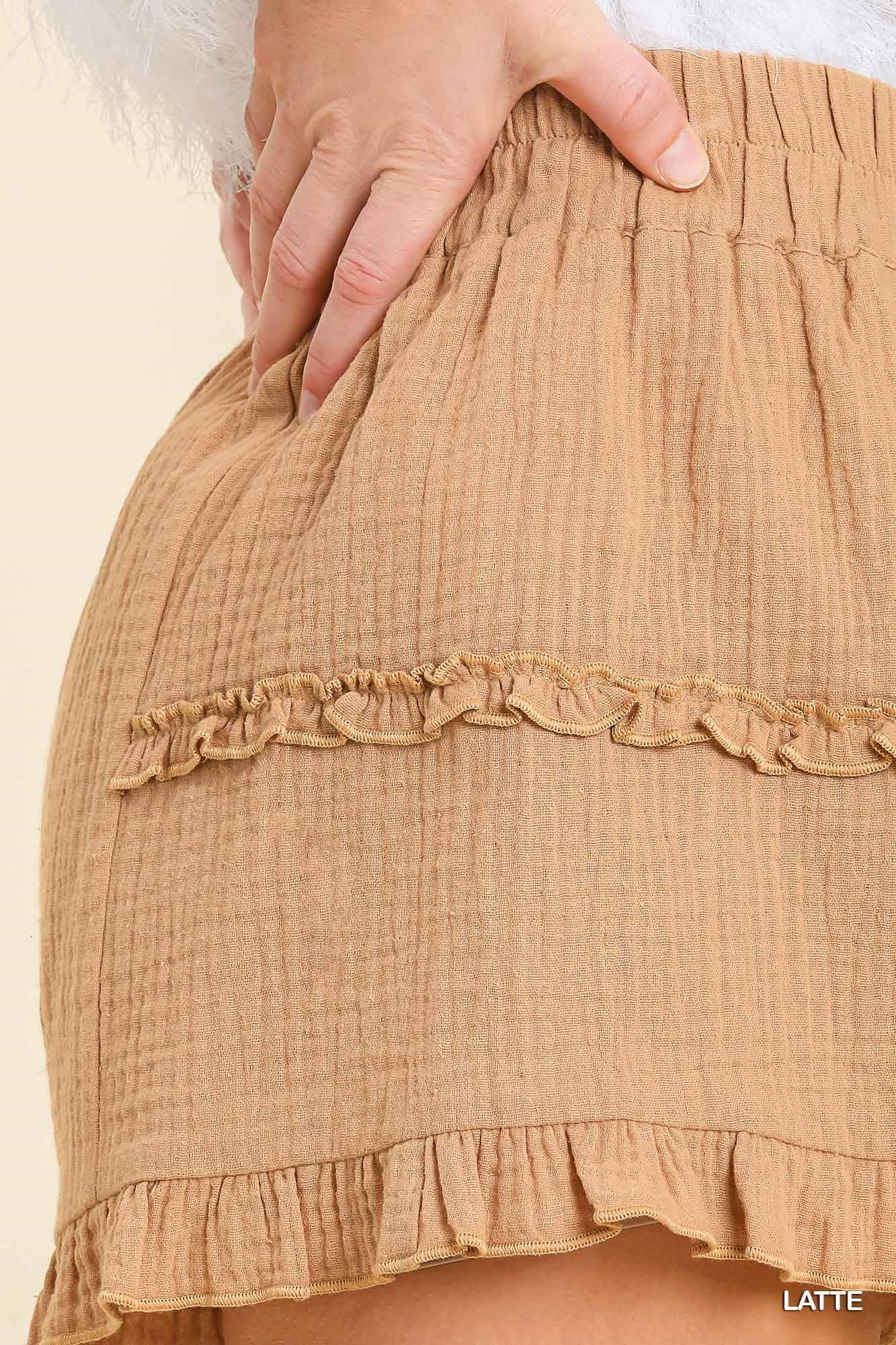 Umgee Ruffle Hem Elastic Waistband Ruffle Side Shorts