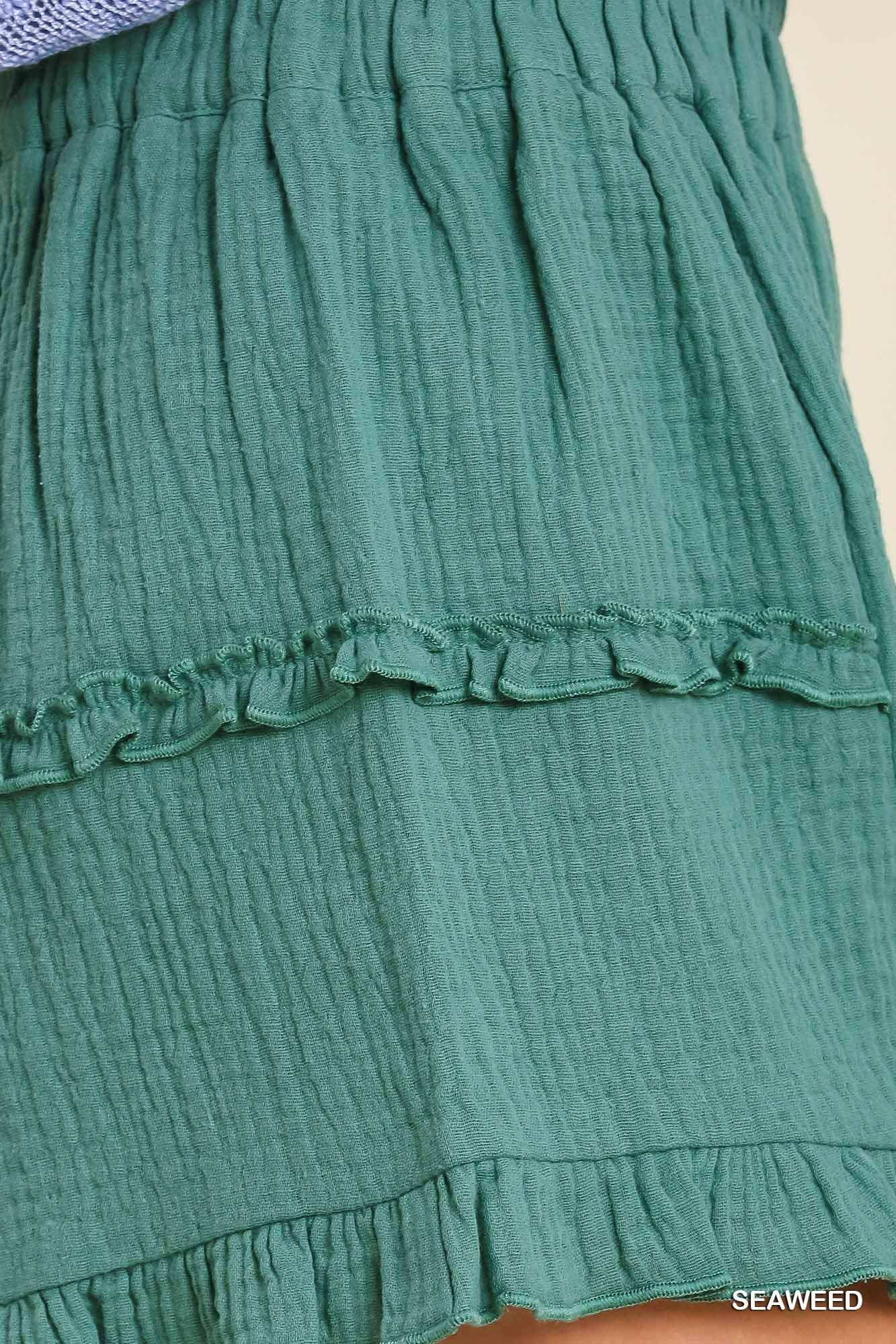 Umgee Ruffle Hem Elastic Waistband Ruffle Side Shorts