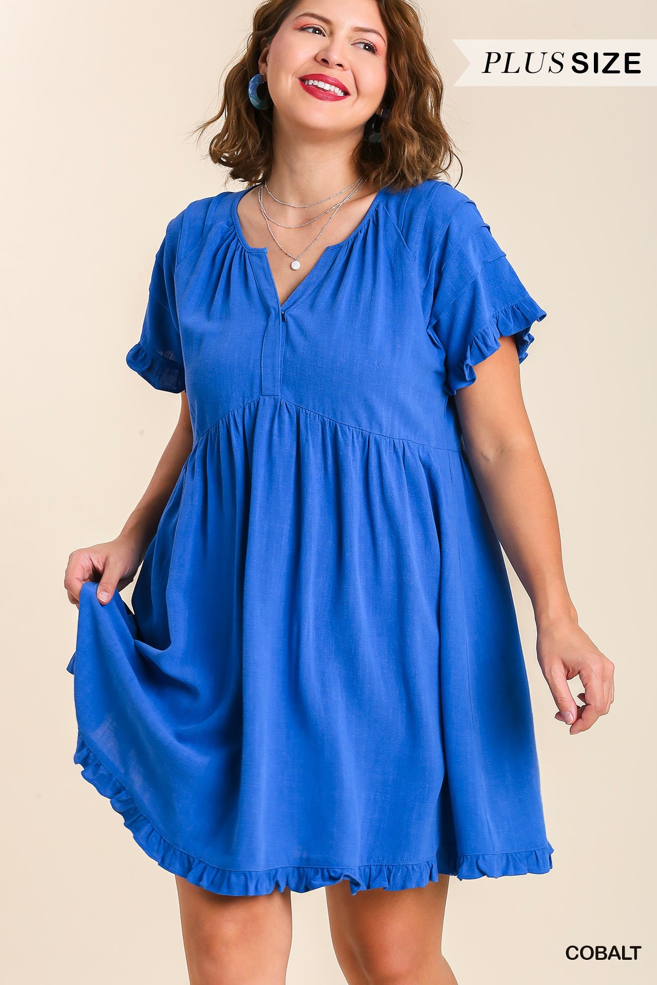 Umgee Plus Linen Blend Pin Tuck Ruffle Sleeve No Lining Dress