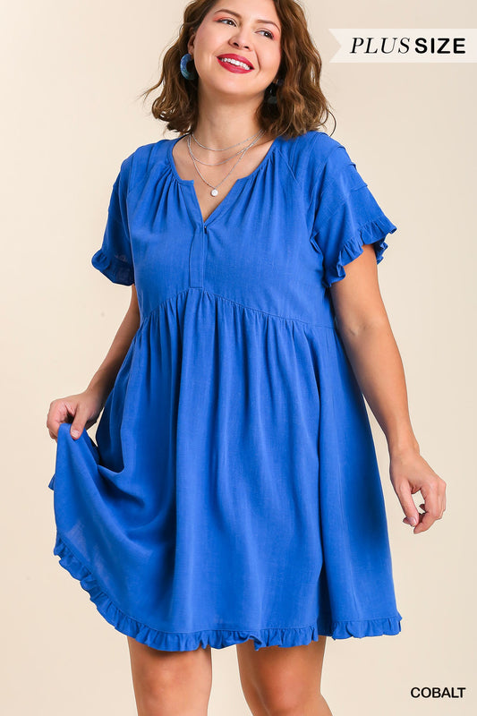Umgee Plus Linen Blend Pin Tuck Ruffle Sleeve No Lining Dress