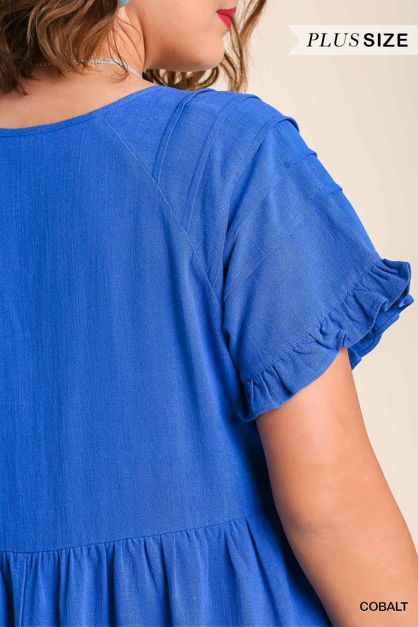 Umgee Plus Linen Blend Pin Tuck Ruffle Sleeve No Lining Dress