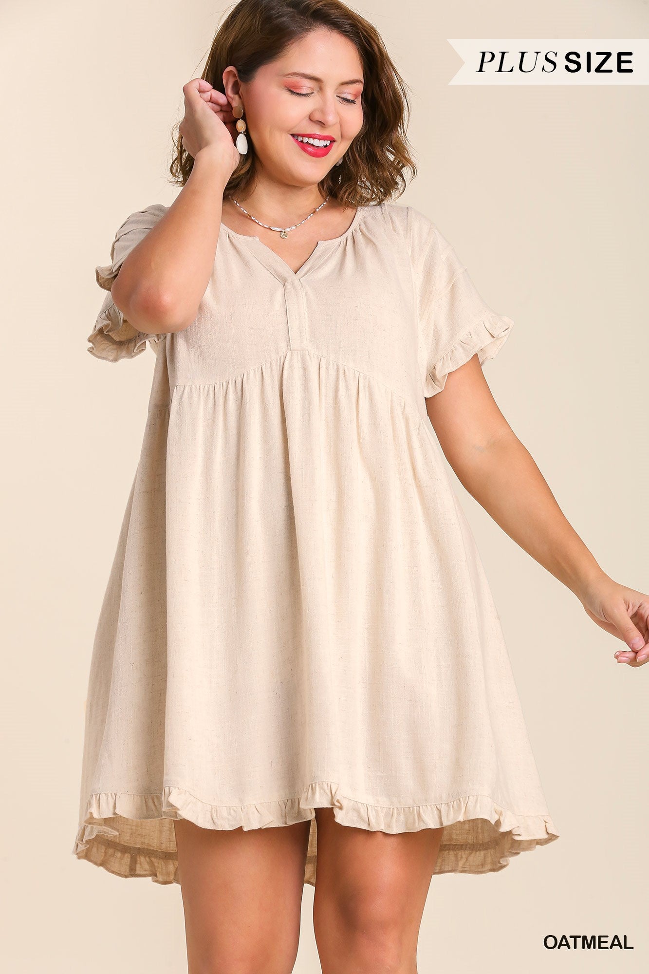 Umgee Plus Linen Blend Pin Tuck Ruffle Sleeve No Lining Dress