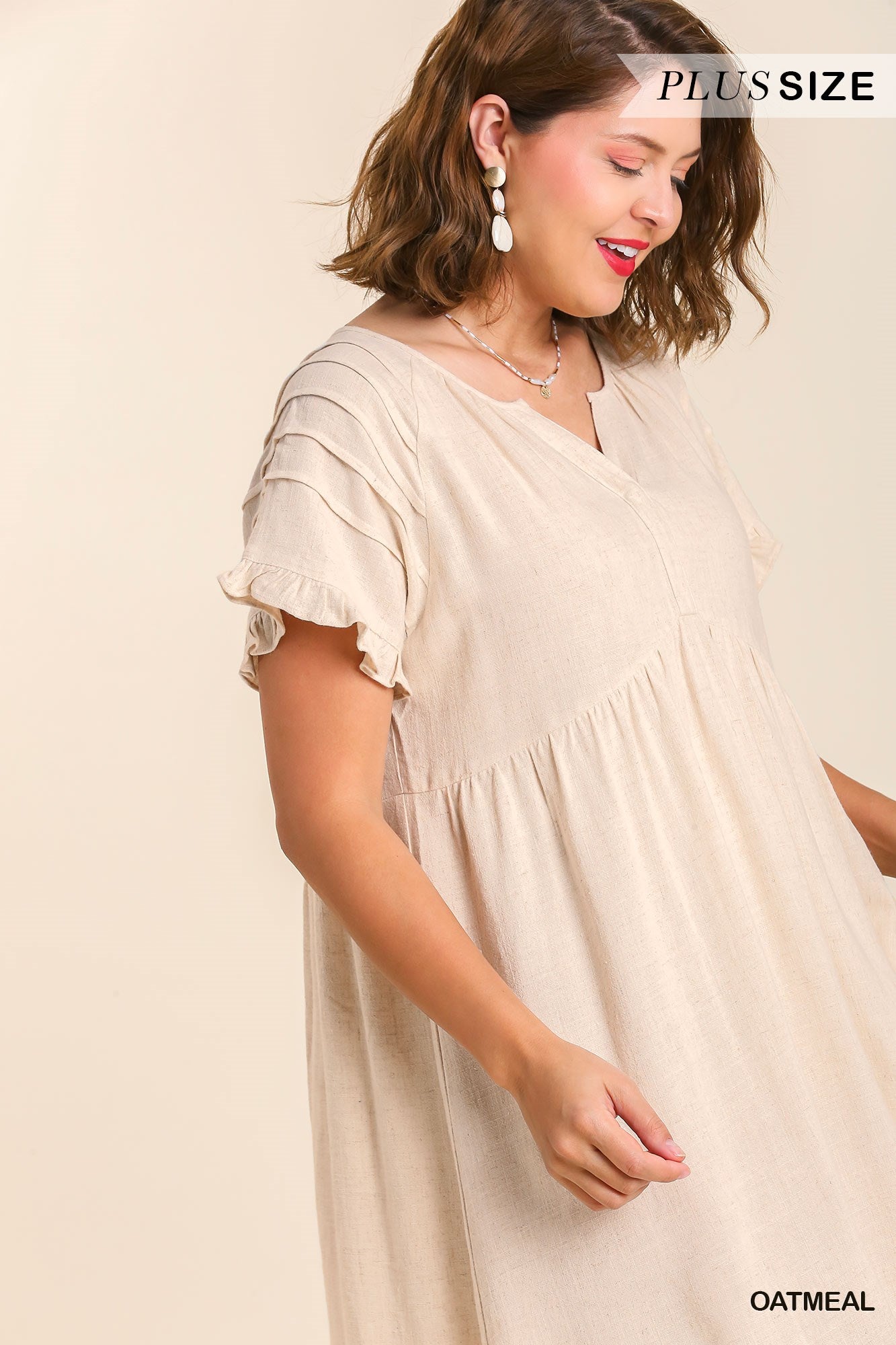 Umgee Plus Linen Blend Pin Tuck Ruffle Sleeve No Lining Dress