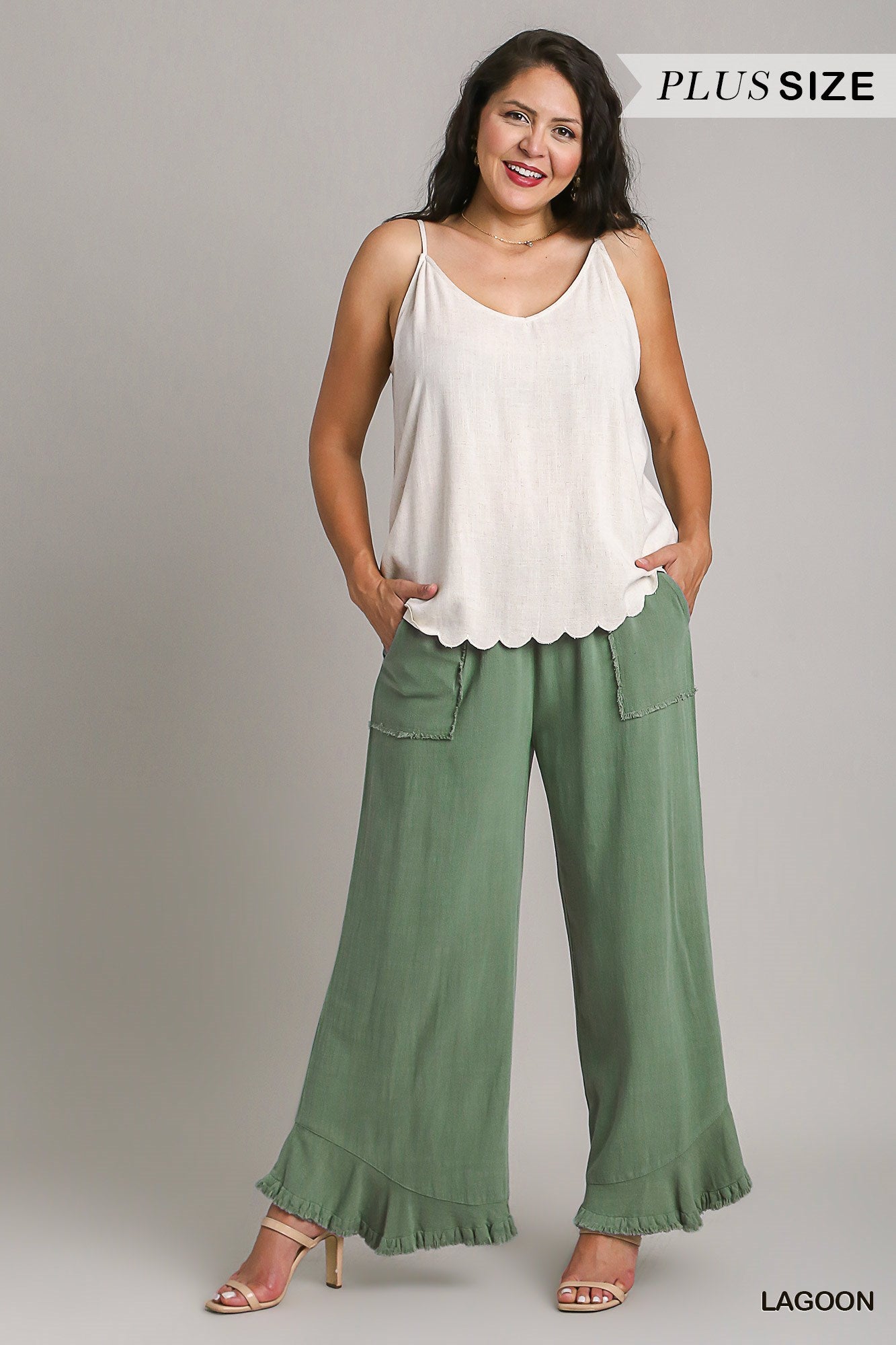 Umgee Plus Linen Blend Elastic Waist Band Wide Frayed Hem Pants