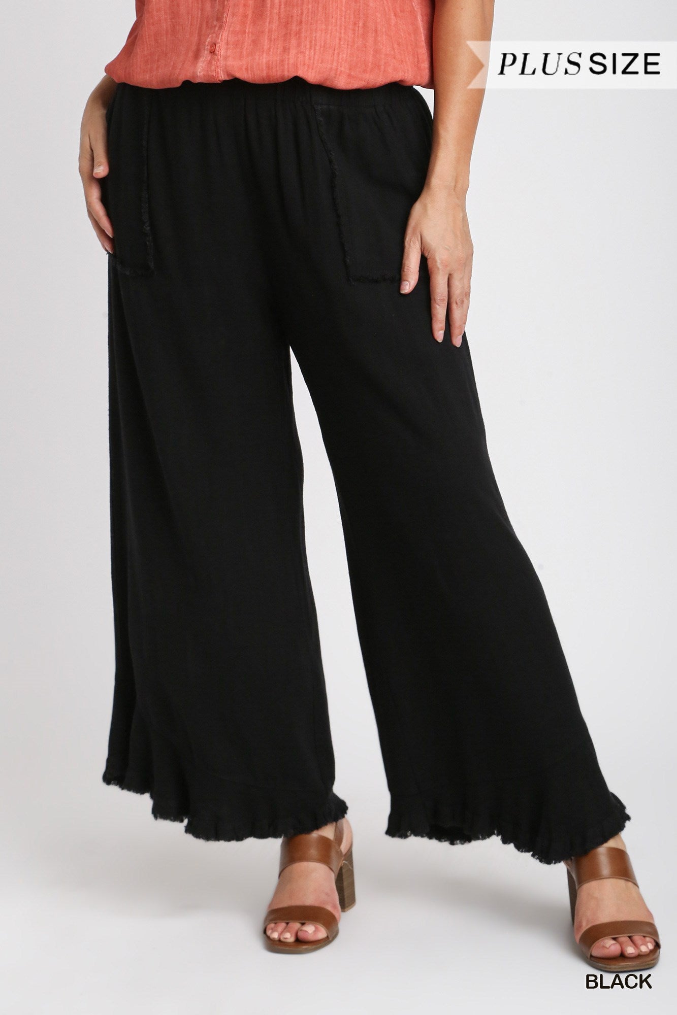 Umgee Plus Linen Blend Elastic Waist Band Wide Frayed Hem Pants