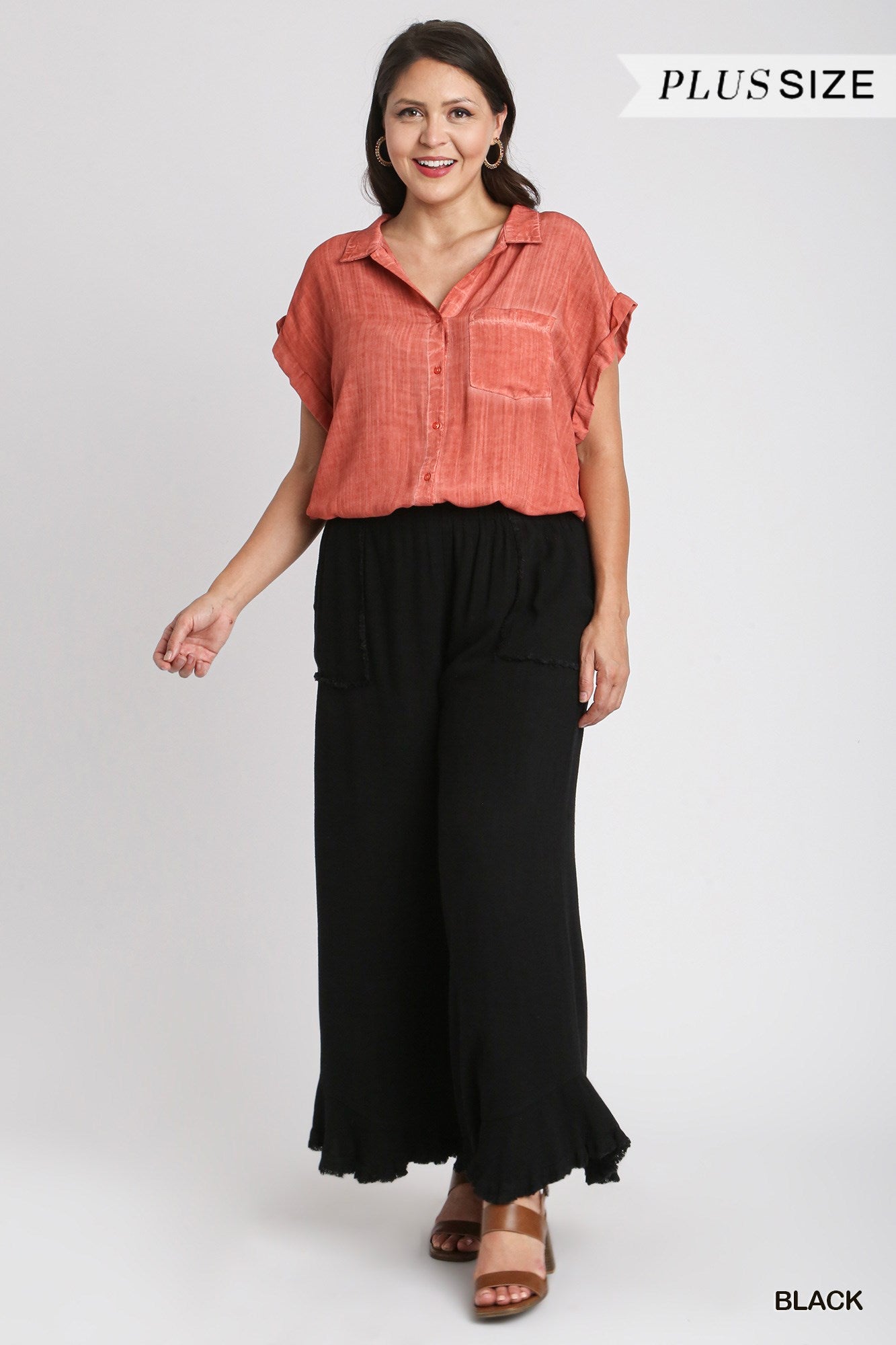 Umgee Plus Linen Blend Elastic Waist Band Wide Frayed Hem Pants