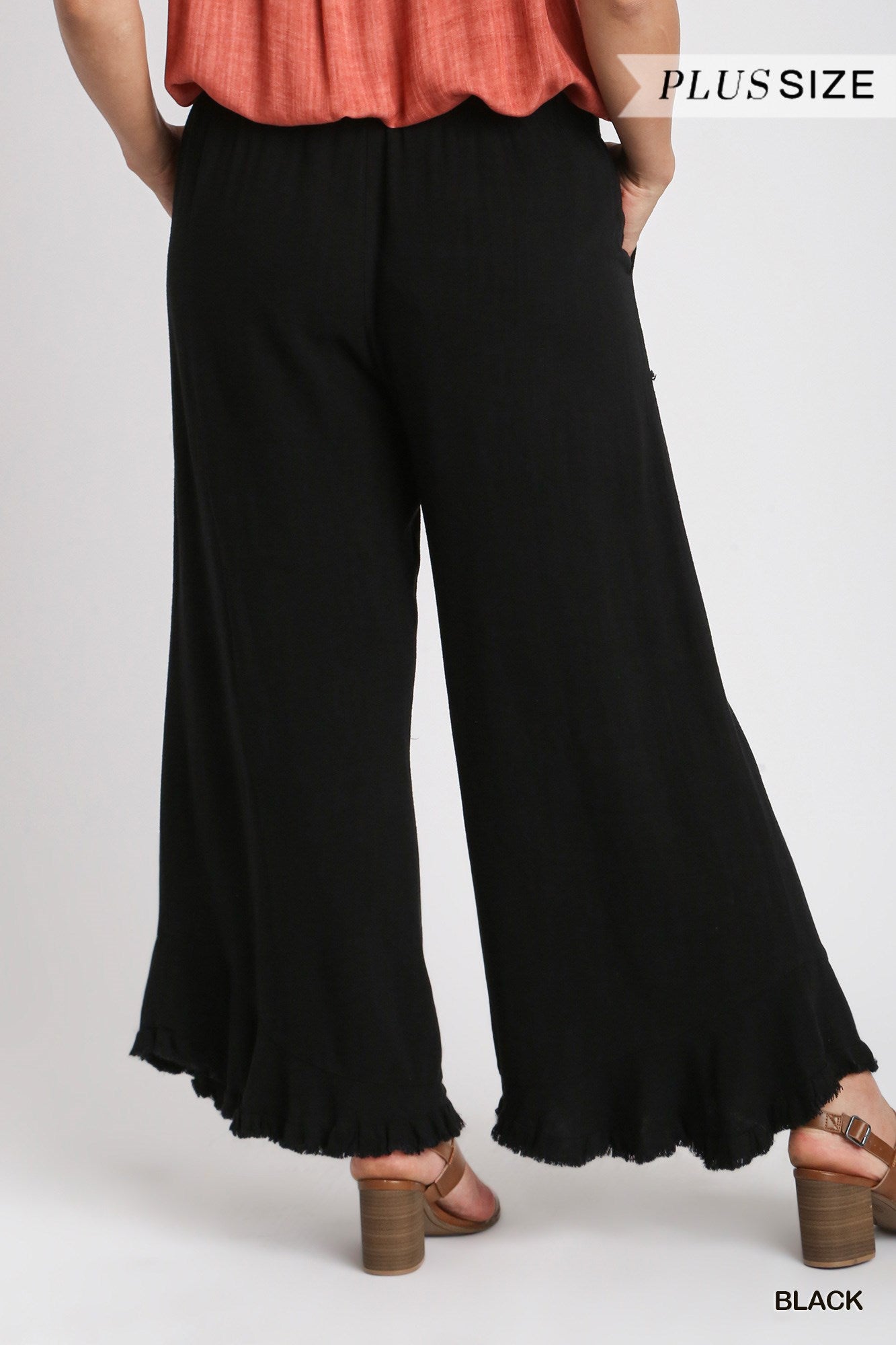 Umgee Plus Linen Blend Elastic Waist Band Wide Frayed Hem Pants