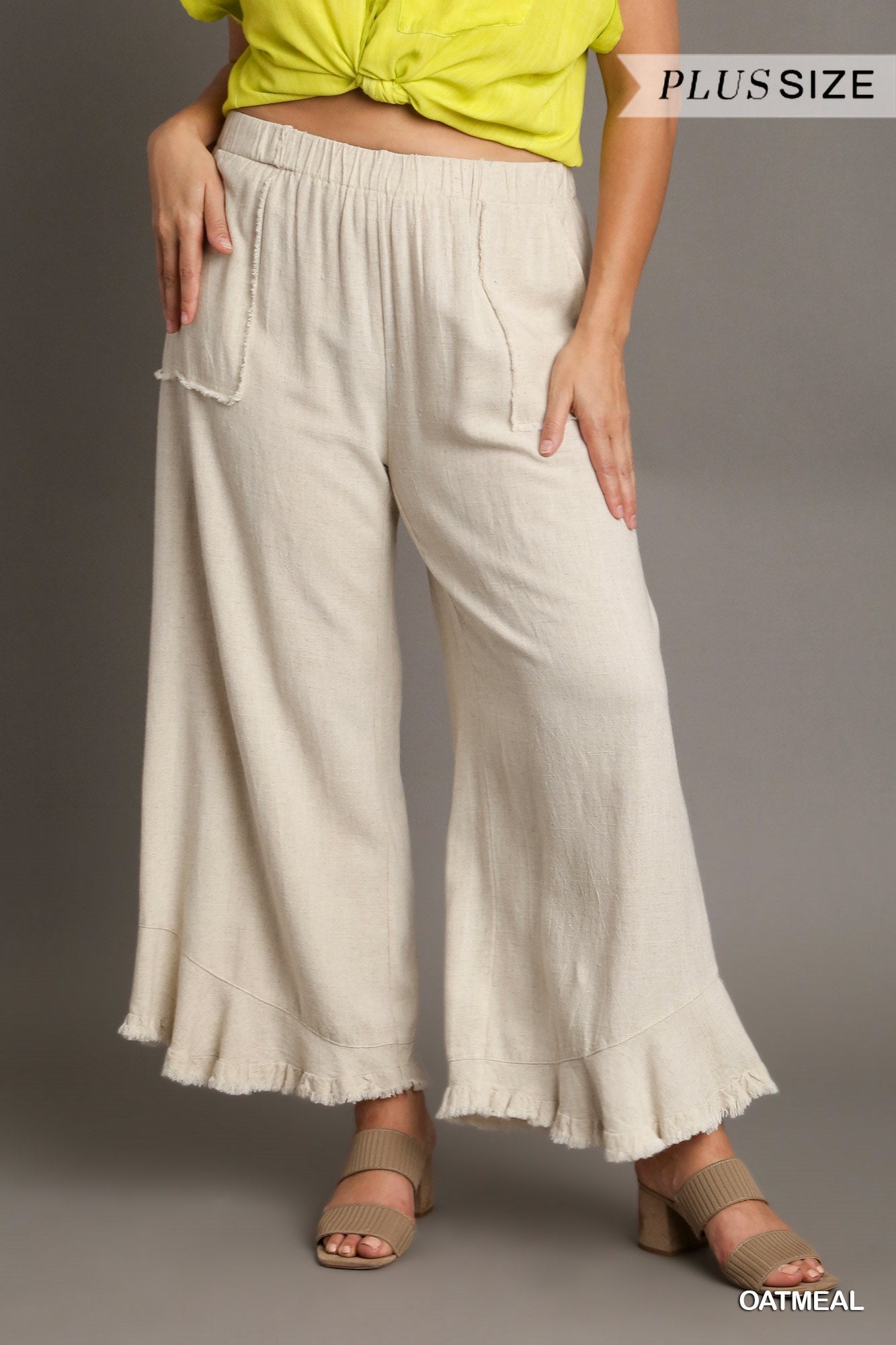 Umgee Plus Linen Blend Elastic Waist Band Wide Frayed Hem Pants