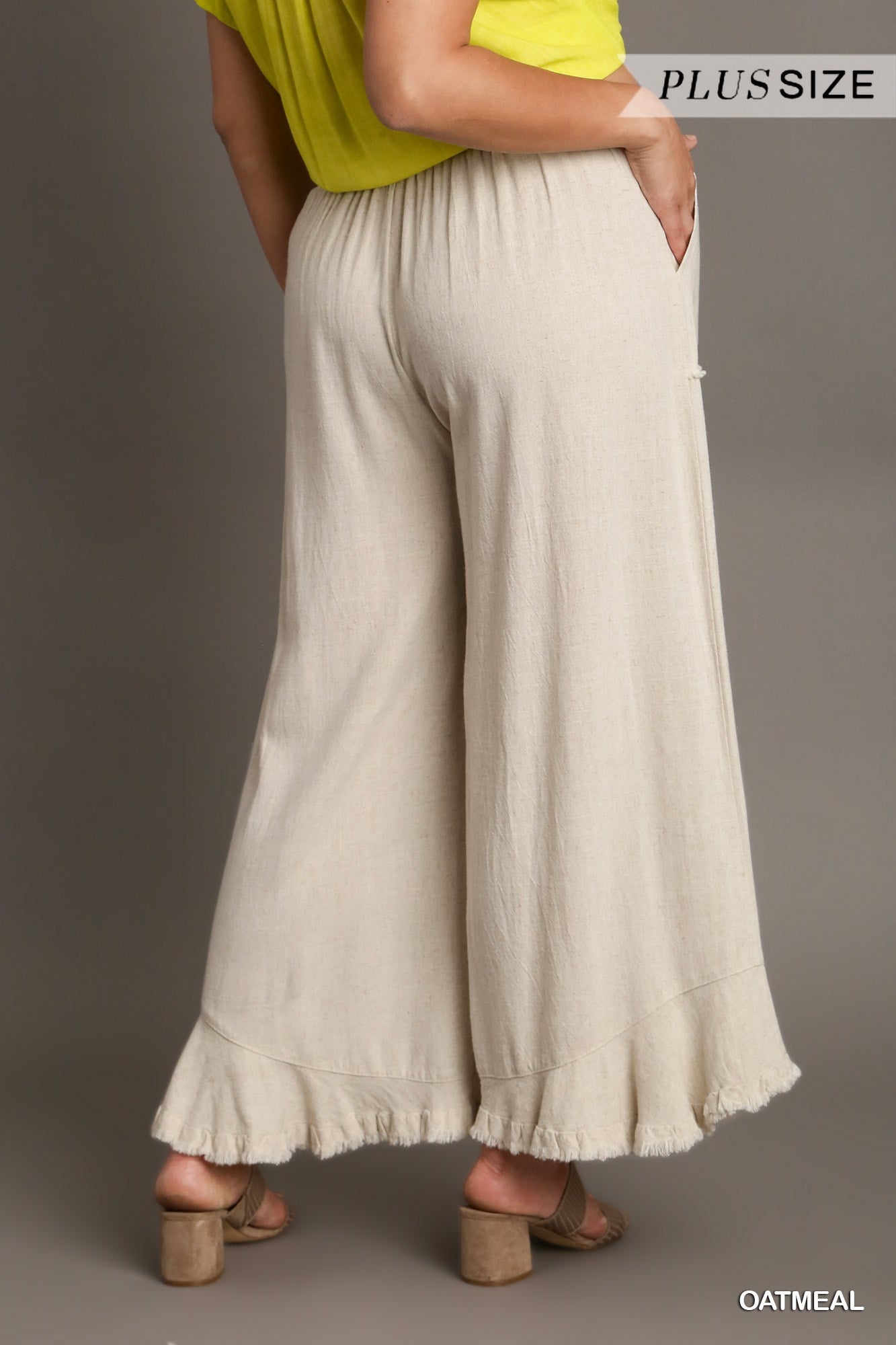 Umgee Plus Linen Blend Elastic Waist Band Wide Frayed Hem Pants