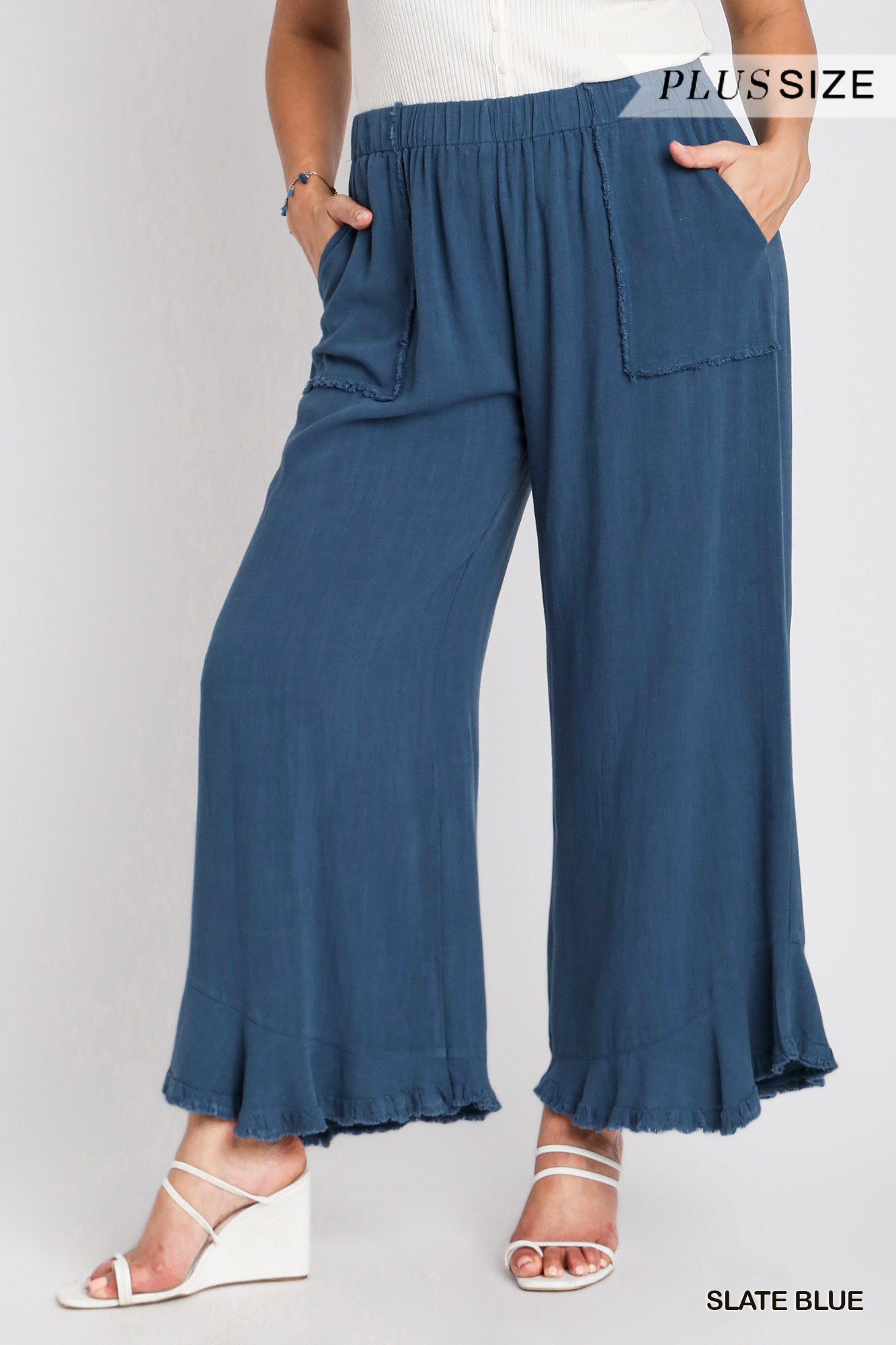 Umgee Plus Linen Blend Elastic Waist Band Wide Frayed Hem Pants