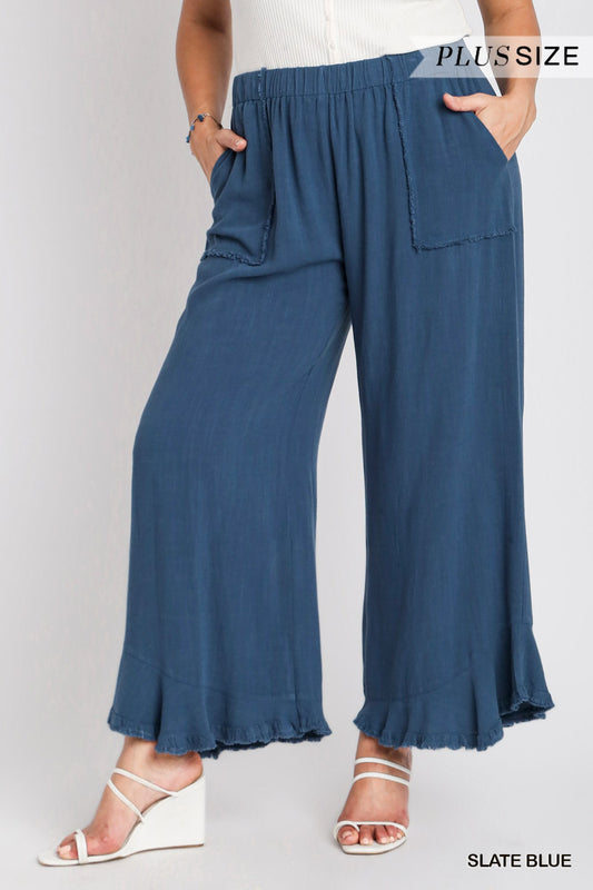 Umgee Plus Linen Blend Elastic Waist Band Wide Frayed Hem Pants