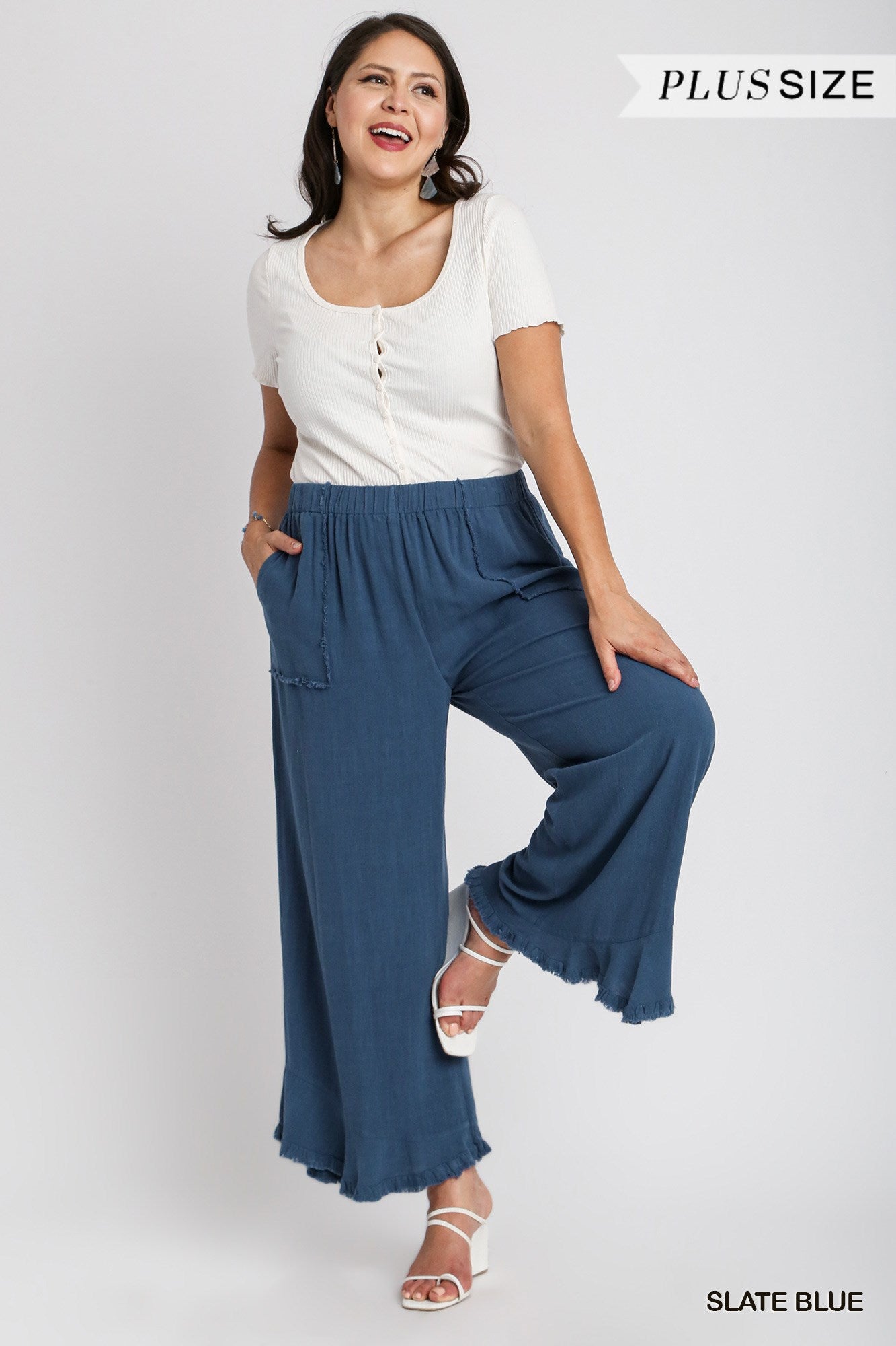 Umgee Plus Linen Blend Elastic Waist Band Wide Frayed Hem Pants