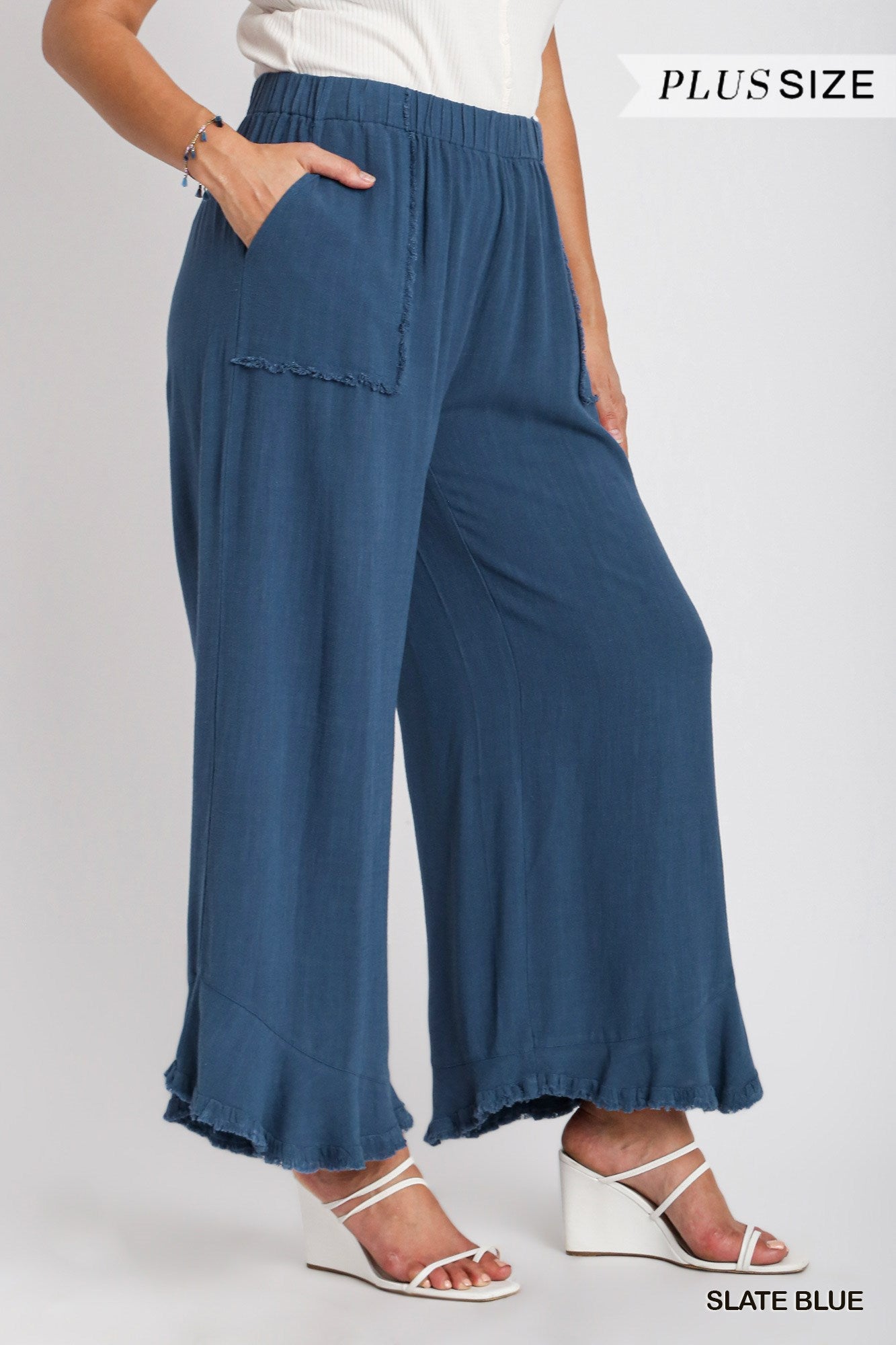 Umgee Plus Linen Blend Elastic Waist Band Wide Frayed Hem Pants