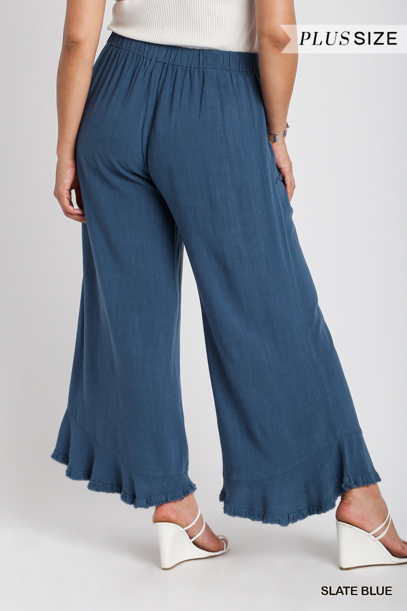 Umgee Plus Linen Blend Elastic Waist Band Wide Frayed Hem Pants
