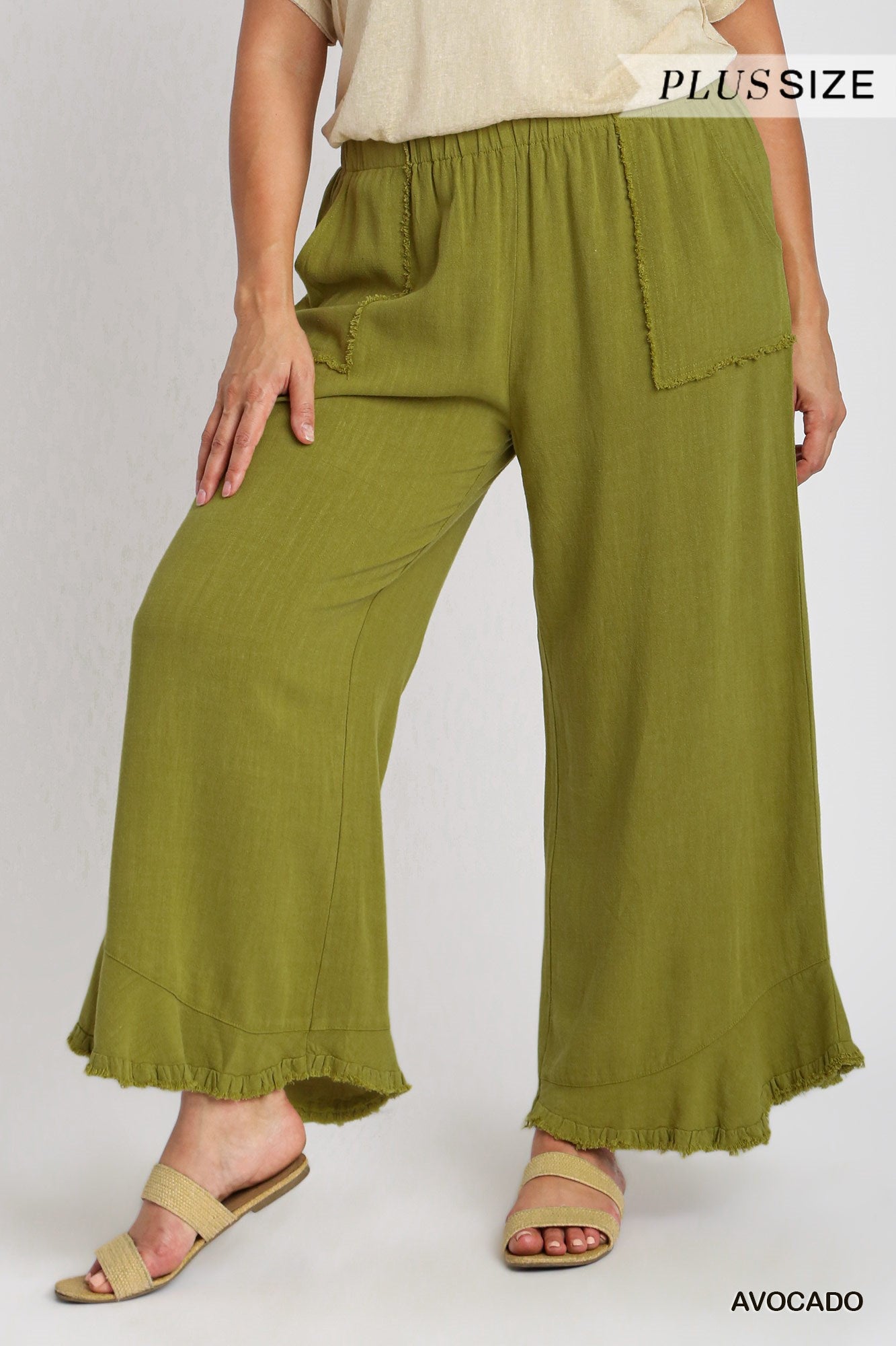 Umgee Plus Linen Blend Elastic Waist Band Wide Frayed Hem Pants