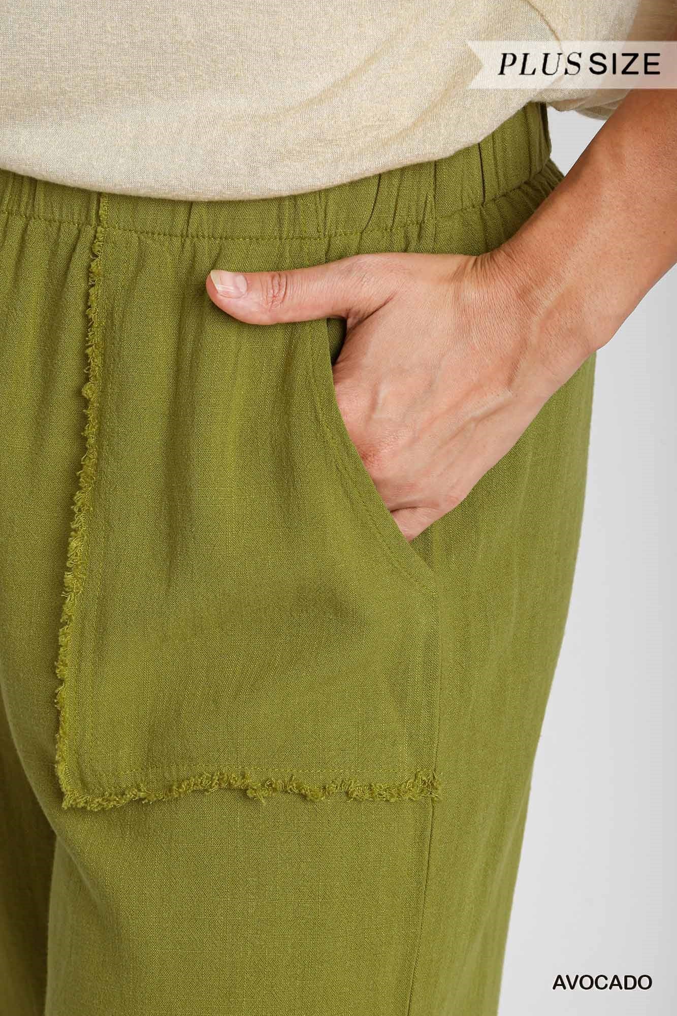 Umgee Plus Linen Blend Elastic Waist Band Wide Frayed Hem Pants