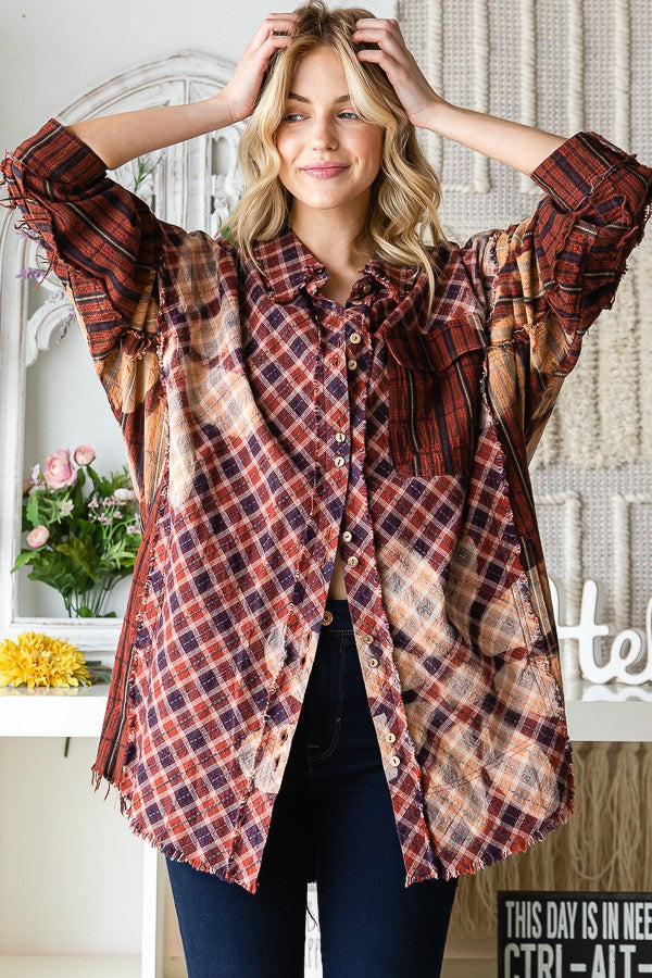 Oli & Hali Bleeched Flower Plaid Button Front Jacket