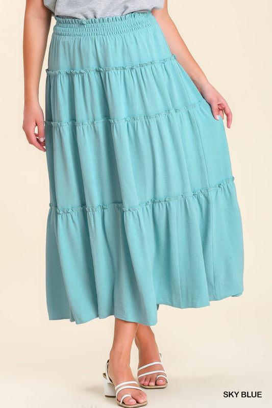 Umgee Shirred Fabric High Waisted Tiered Ruffle Hem Maxi Skirt