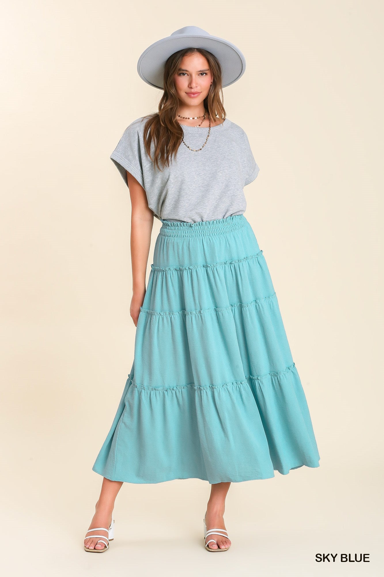 Umgee Shirred Fabric High Waisted Tiered Ruffle Hem Maxi Skirt