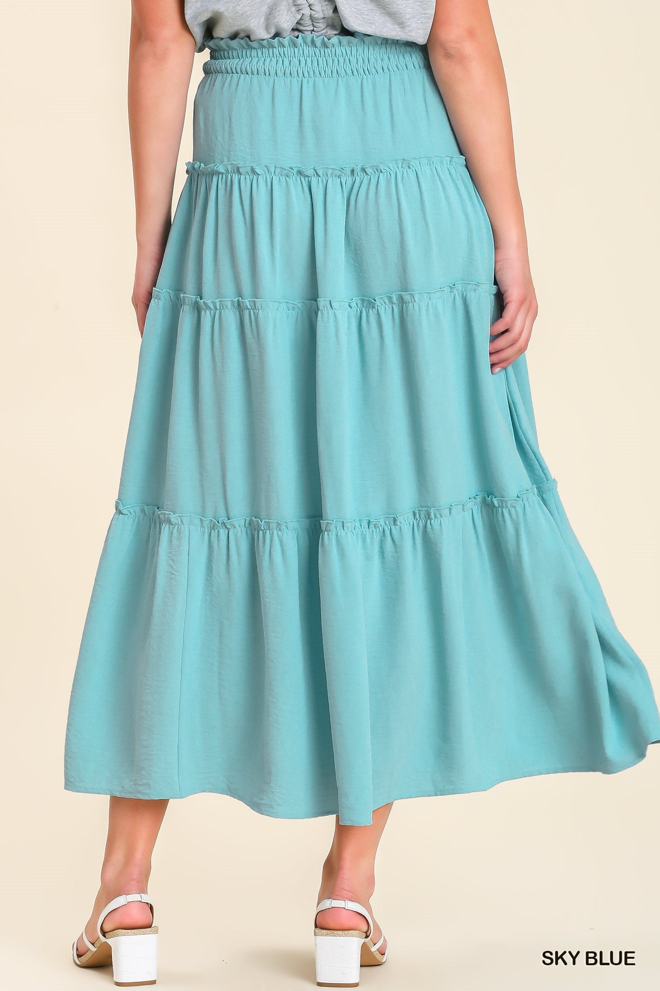 Umgee Shirred Fabric High Waisted Tiered Ruffle Hem Maxi Skirt