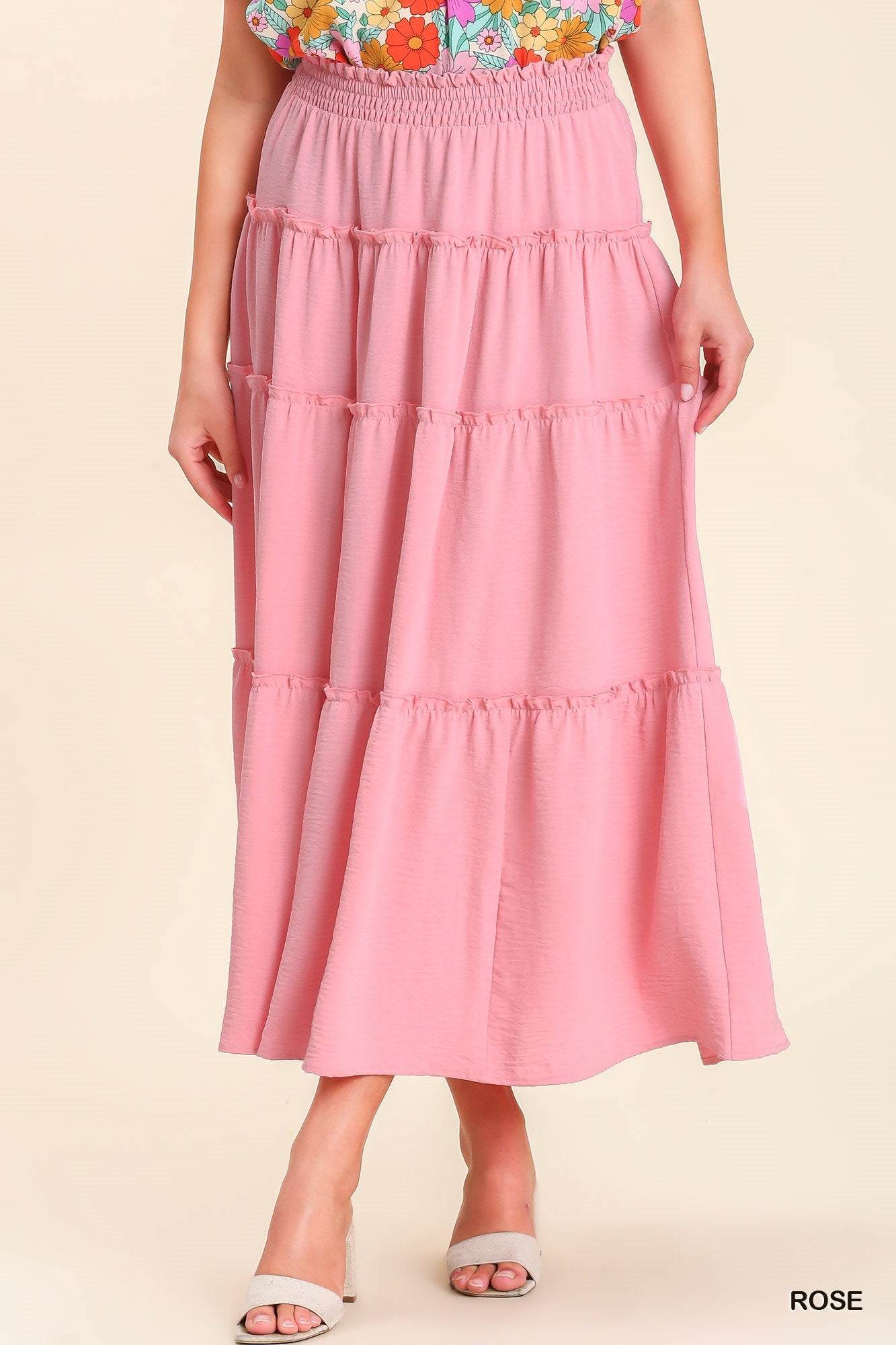 Umgee Shirred Fabric High Waisted Tiered Ruffle Hem Maxi Skirt
