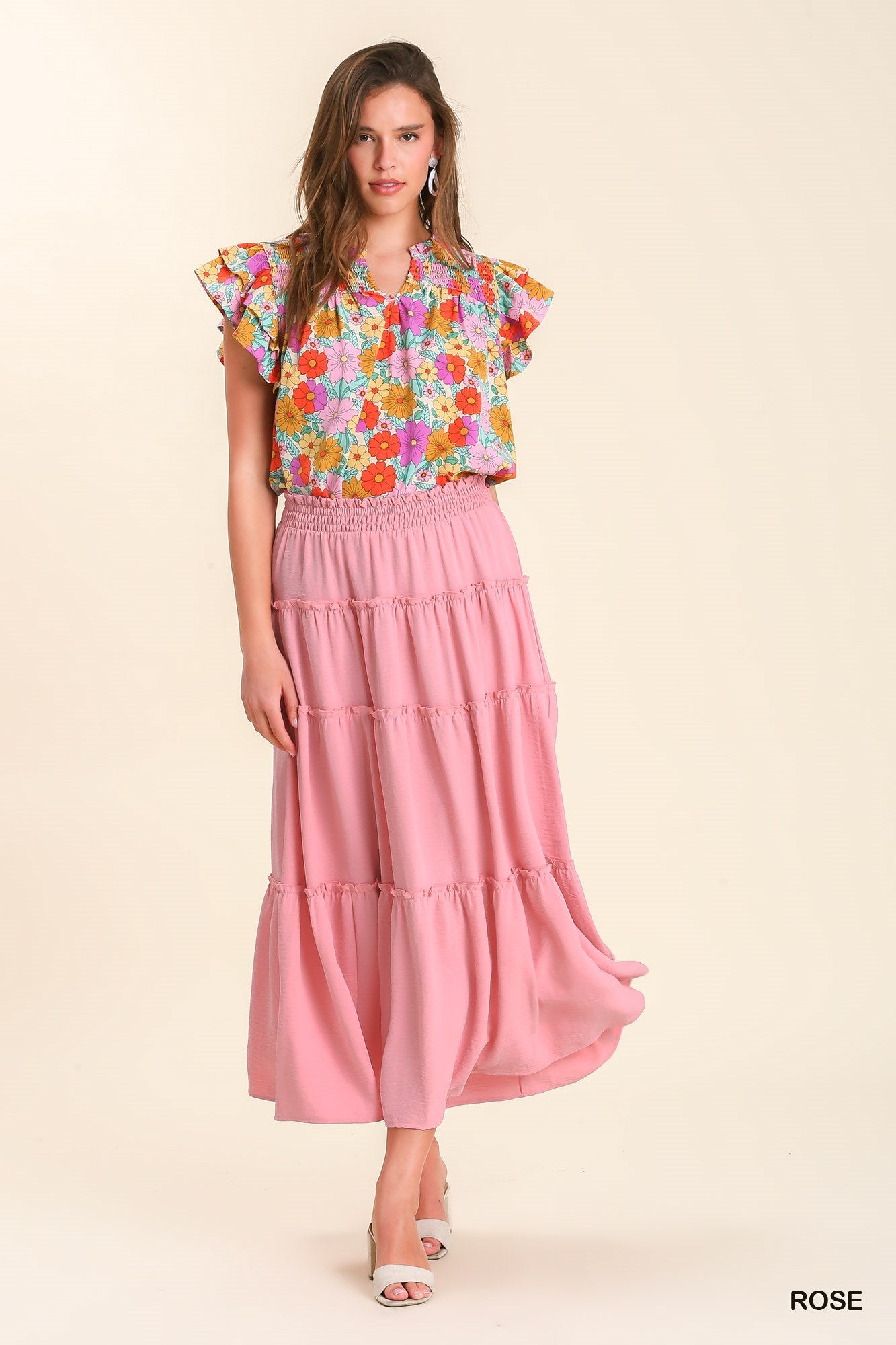 Umgee Shirred Fabric High Waisted Tiered Ruffle Hem Maxi Skirt