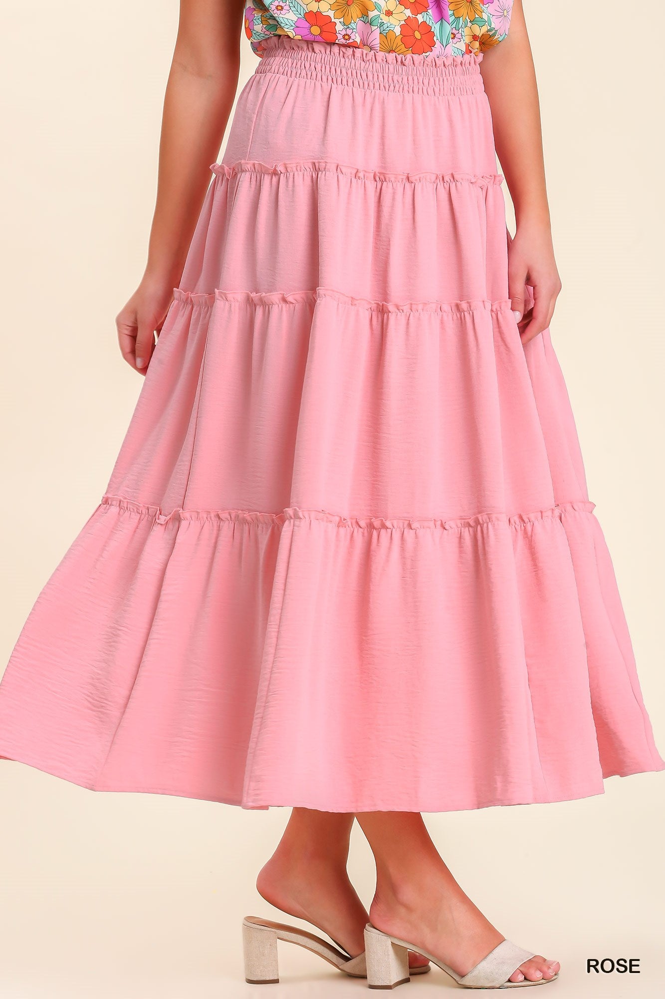Umgee Shirred Fabric High Waisted Tiered Ruffle Hem Maxi Skirt
